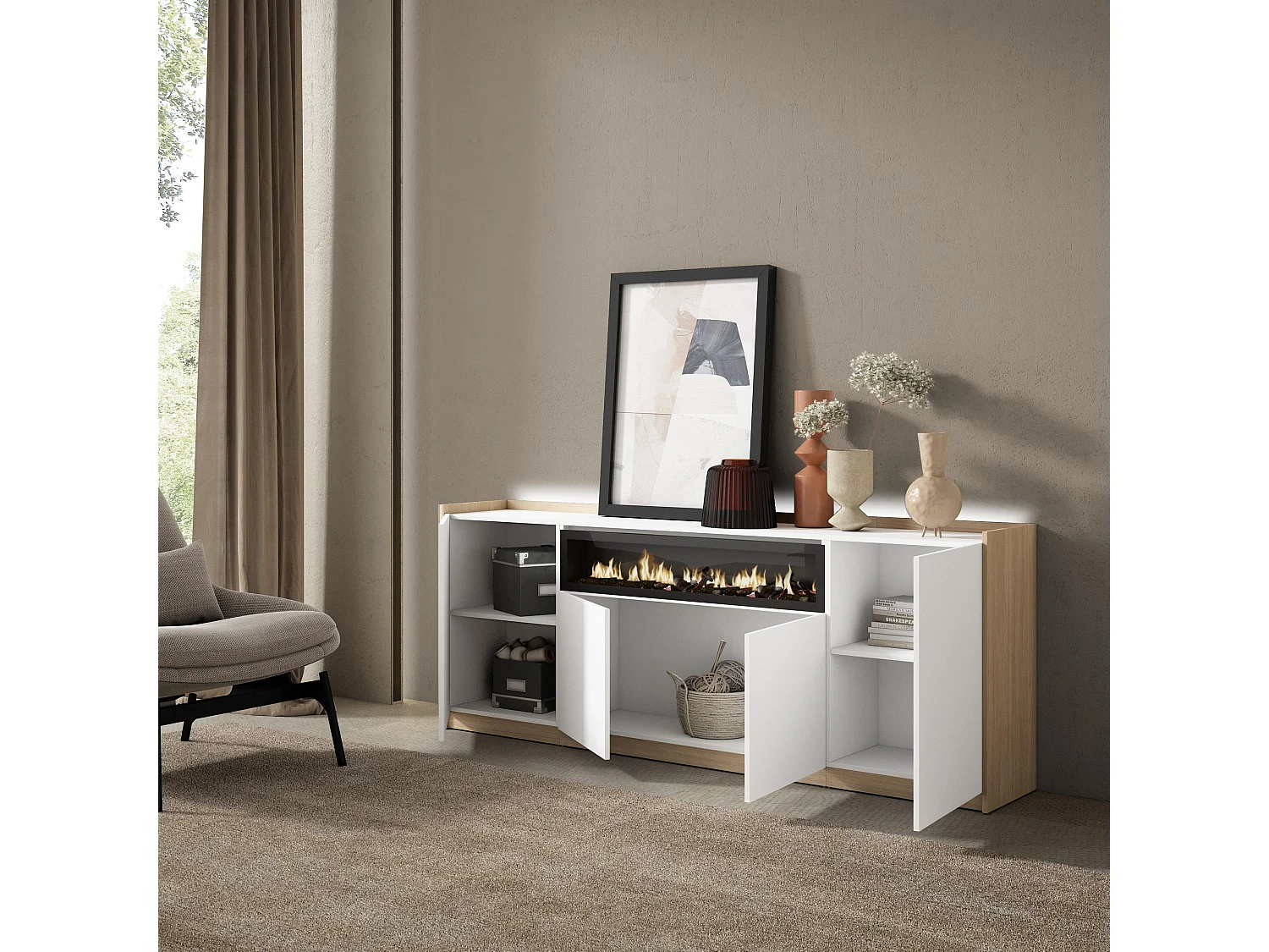Credenza, Mobile, Cucina, 207x80x37 cm, 4 Porte, Camino elettrico, LED, Bianco e Rovere soft