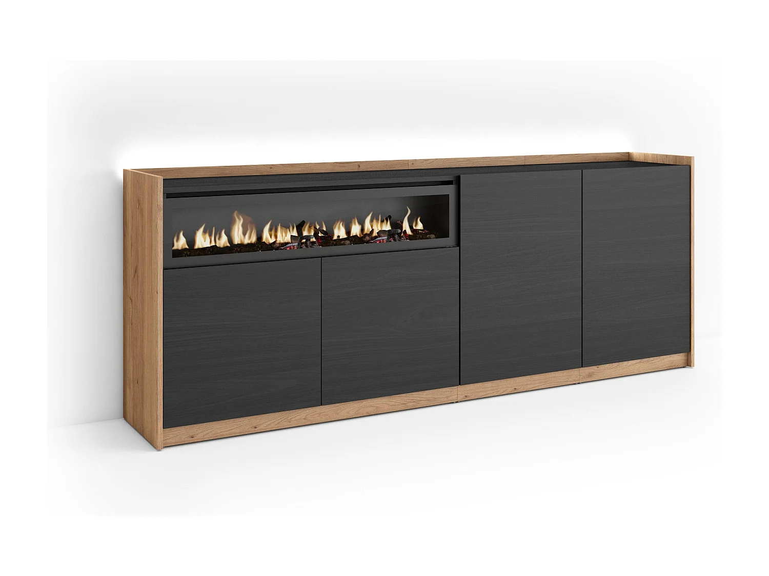 Credenza, Mobile, Cucina, 207x80x37 cm, 4 Porte, Camino elettrico, LED, Nero e rovere