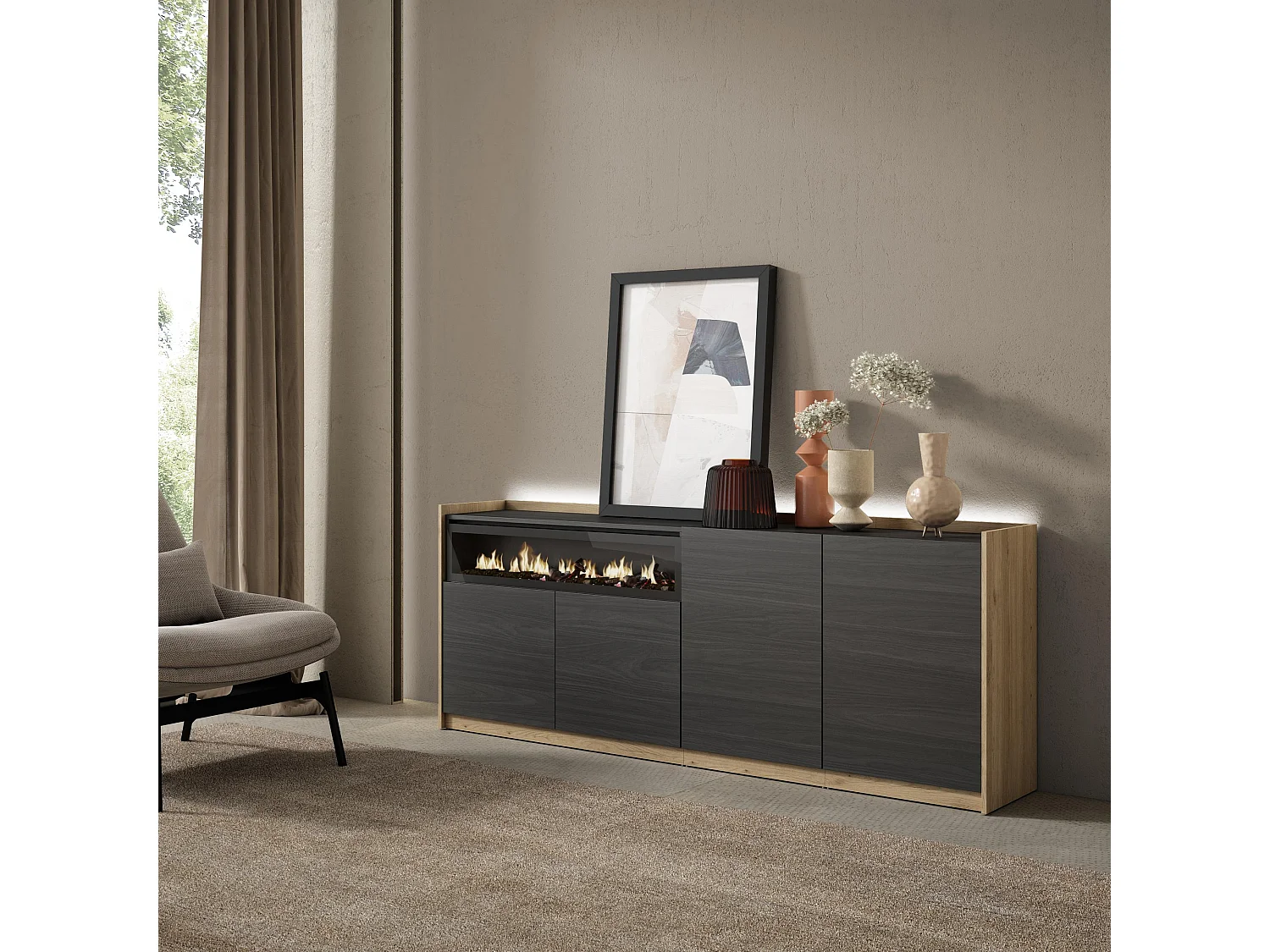Credenza, Mobile, Cucina, 207x80x37 cm, 4 Porte, Camino elettrico, LED, Nero e rovere