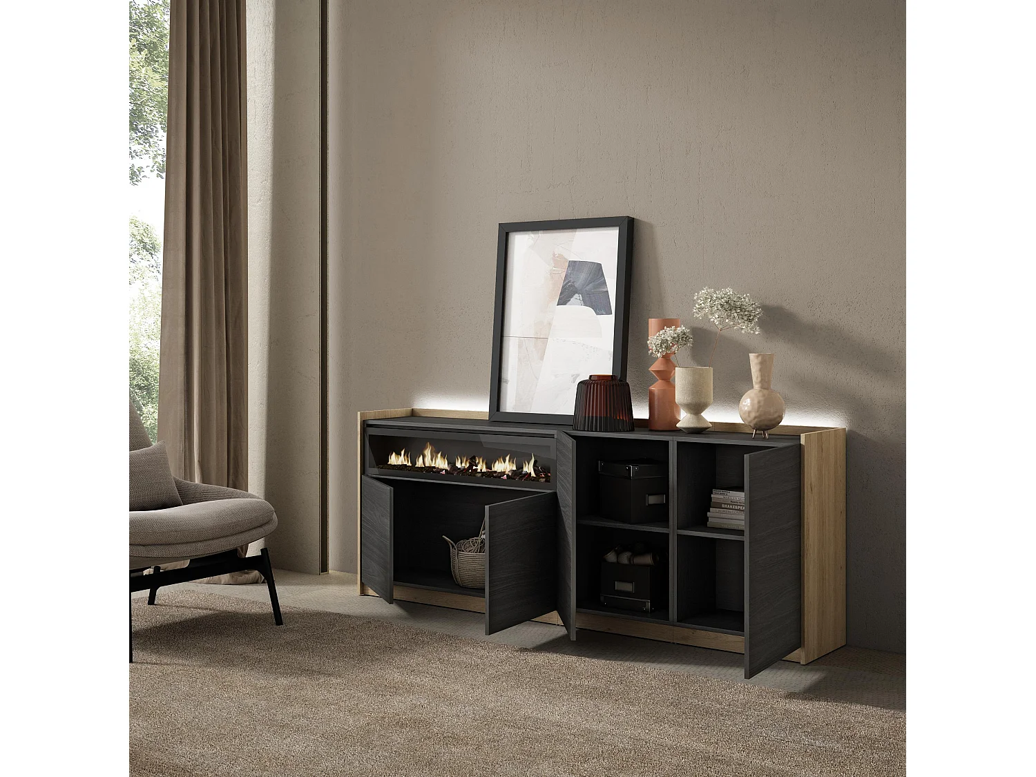 Credenza, Mobile, Cucina, 207x80x37 cm, 4 Porte, Camino elettrico, LED, Nero e rovere