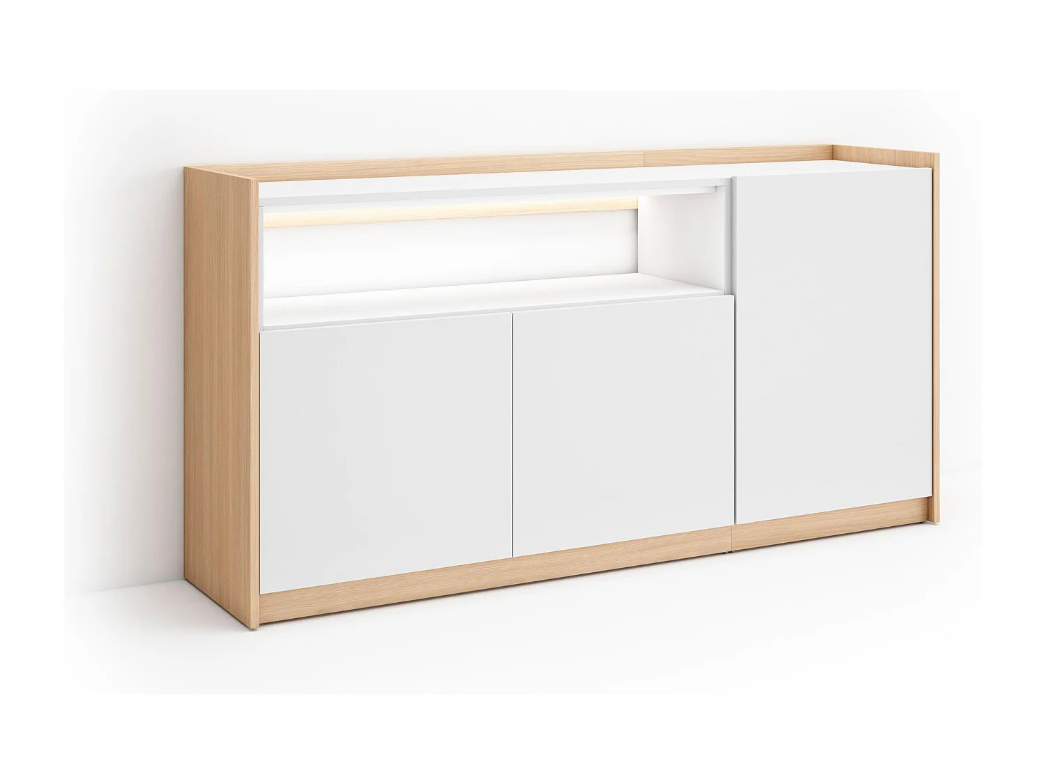 Credenza, Mobile, Cucina, 156x80x37 cm, 3 Porte, LED, Bianco e Rovere soft