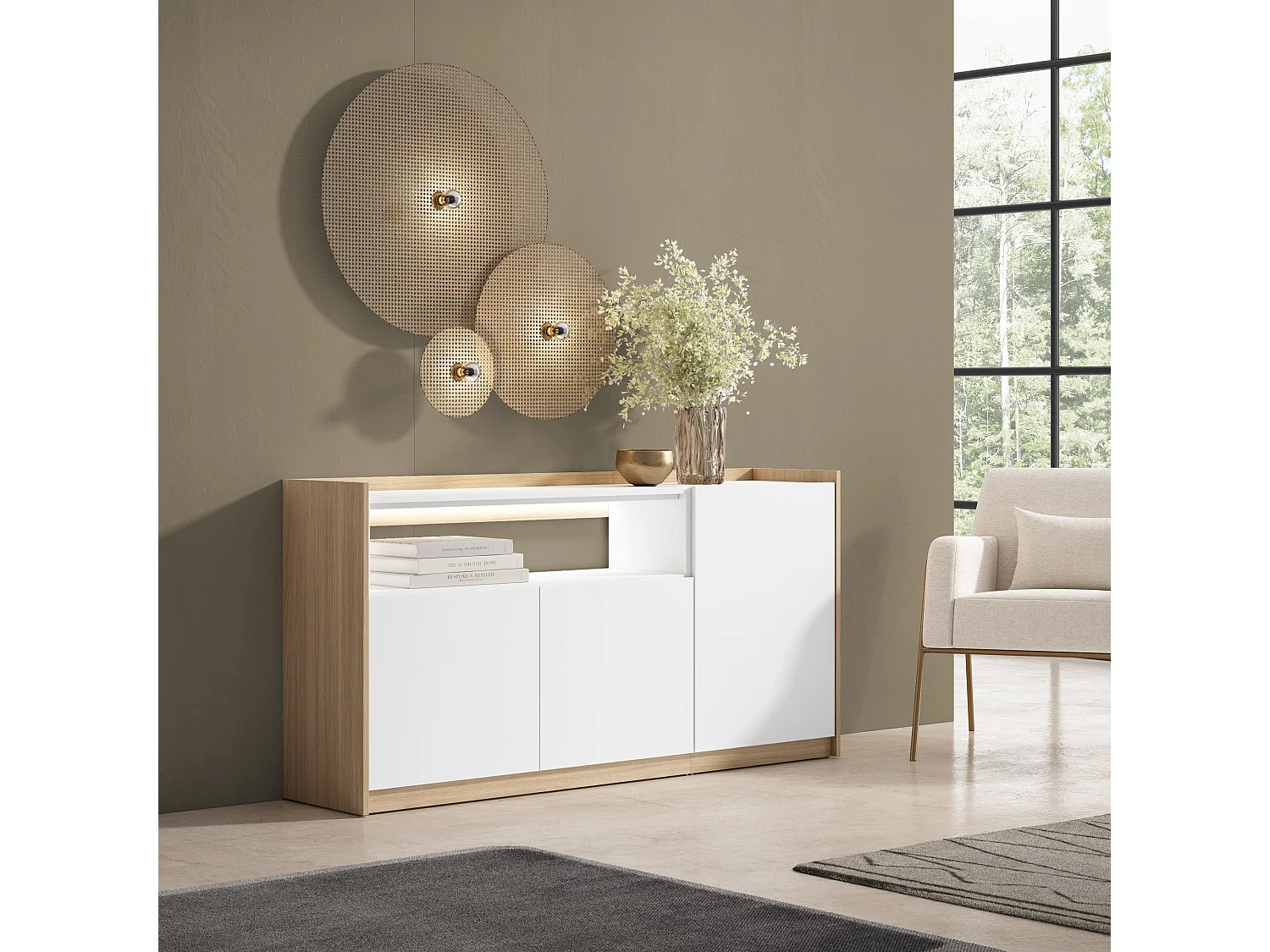 Credenza, Mobile, Cucina, 156x80x37 cm, 3 Porte, LED, Bianco e Rovere soft