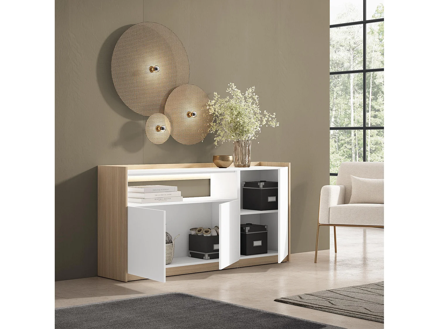 Credenza, Mobile, Cucina, 156x80x37 cm, 3 Porte, LED, Bianco e Rovere soft