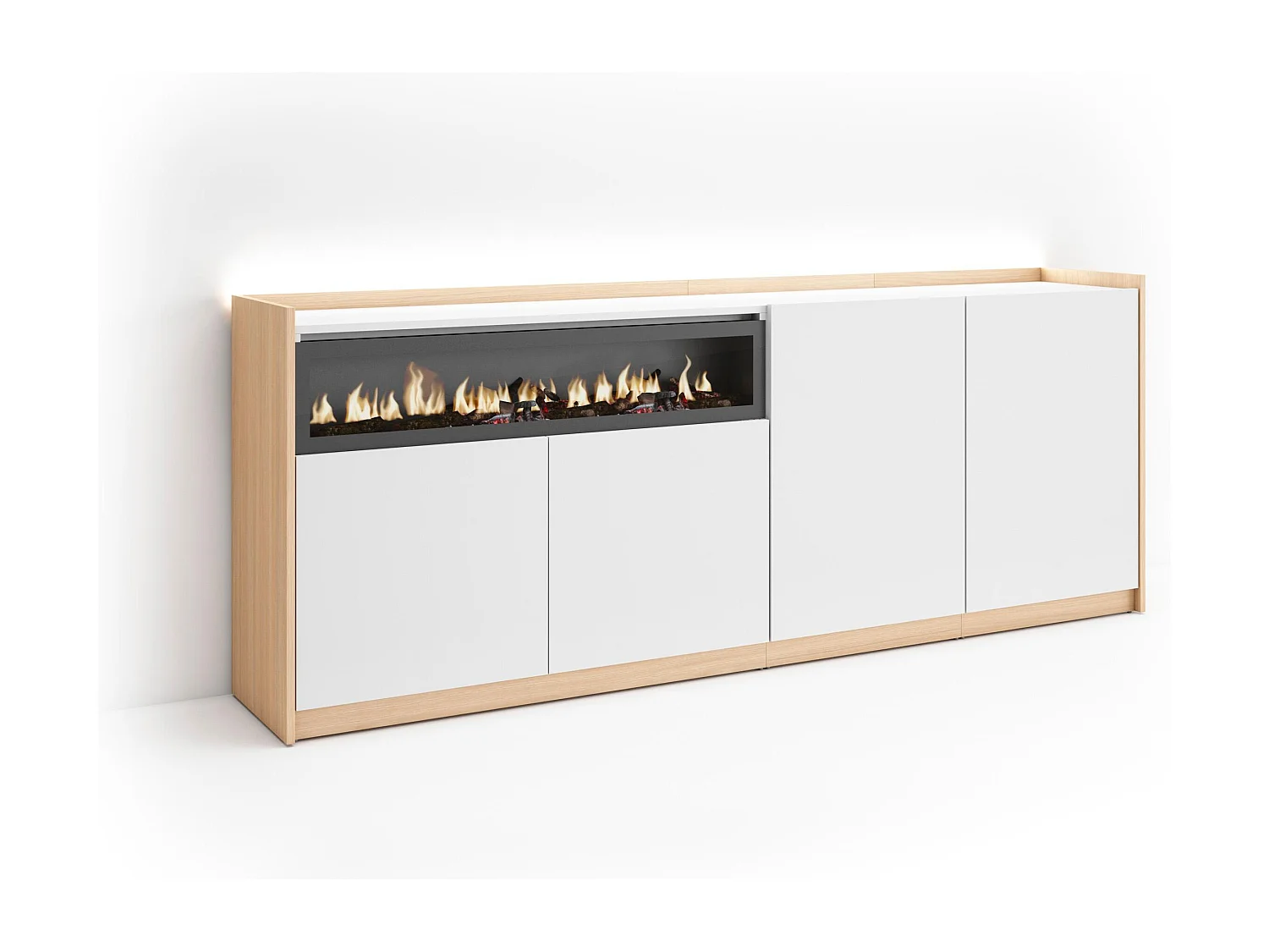 Credenza, Mobile, Cucina, 207x80x37 cm, 4 Porte, Camino elettrico, LED, Bianco e Rovere soft