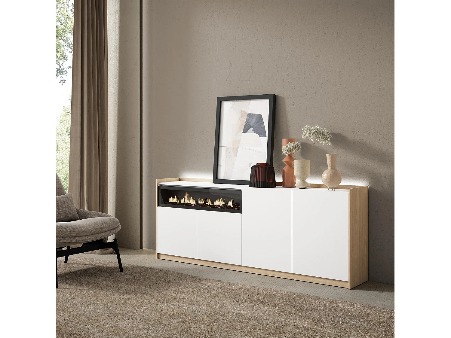 Credenza, Mobile, Cucina, 207x80x37 cm, 4 Porte, Camino elettrico, LED, Bianco e Rovere soft