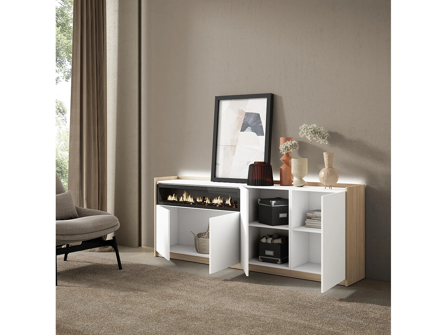 Credenza, Mobile, Cucina, 207x80x37 cm, 4 Porte, Camino elettrico, LED, Bianco e Rovere soft