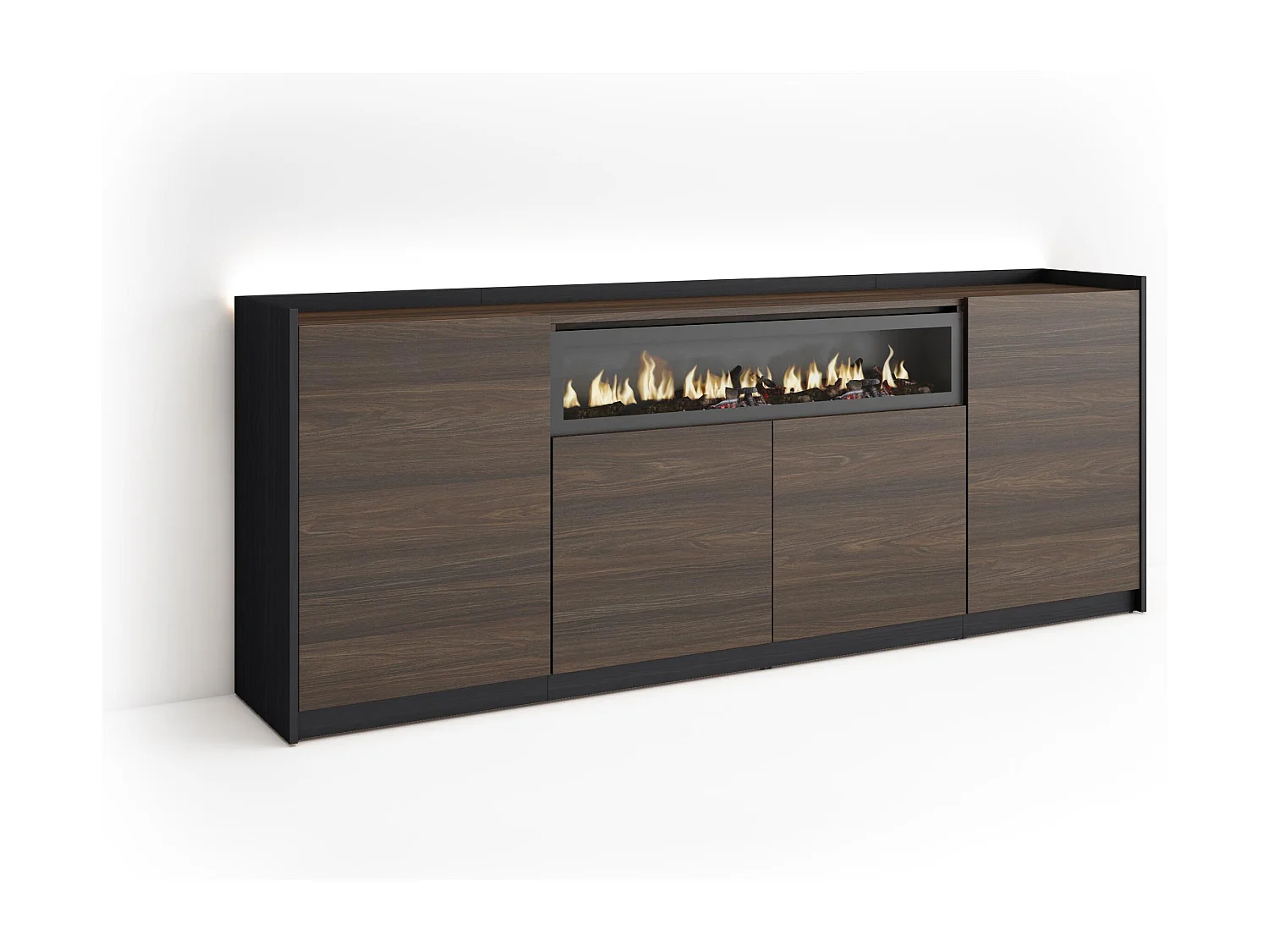 Credenza, Mobile, Cucina, 207x80x37 cm, 4 Porte, Camino elettrico, LED, Rovere scuro e Nero