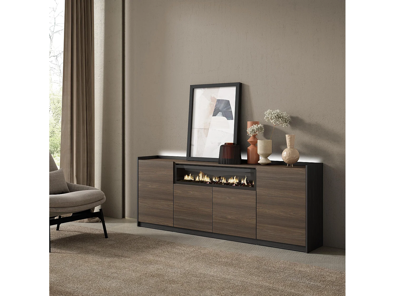 Credenza, Mobile, Cucina, 207x80x37 cm, 4 Porte, Camino elettrico, LED, Rovere scuro e Nero