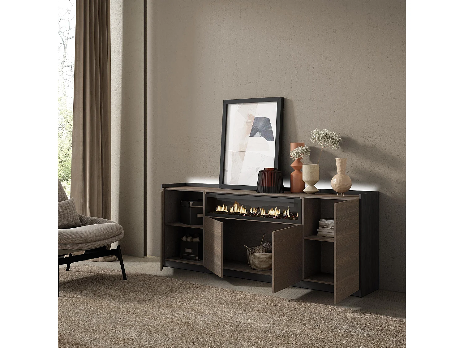 Credenza, Mobile, Cucina, 207x80x37 cm, 4 Porte, Camino elettrico, LED, Rovere scuro e Nero