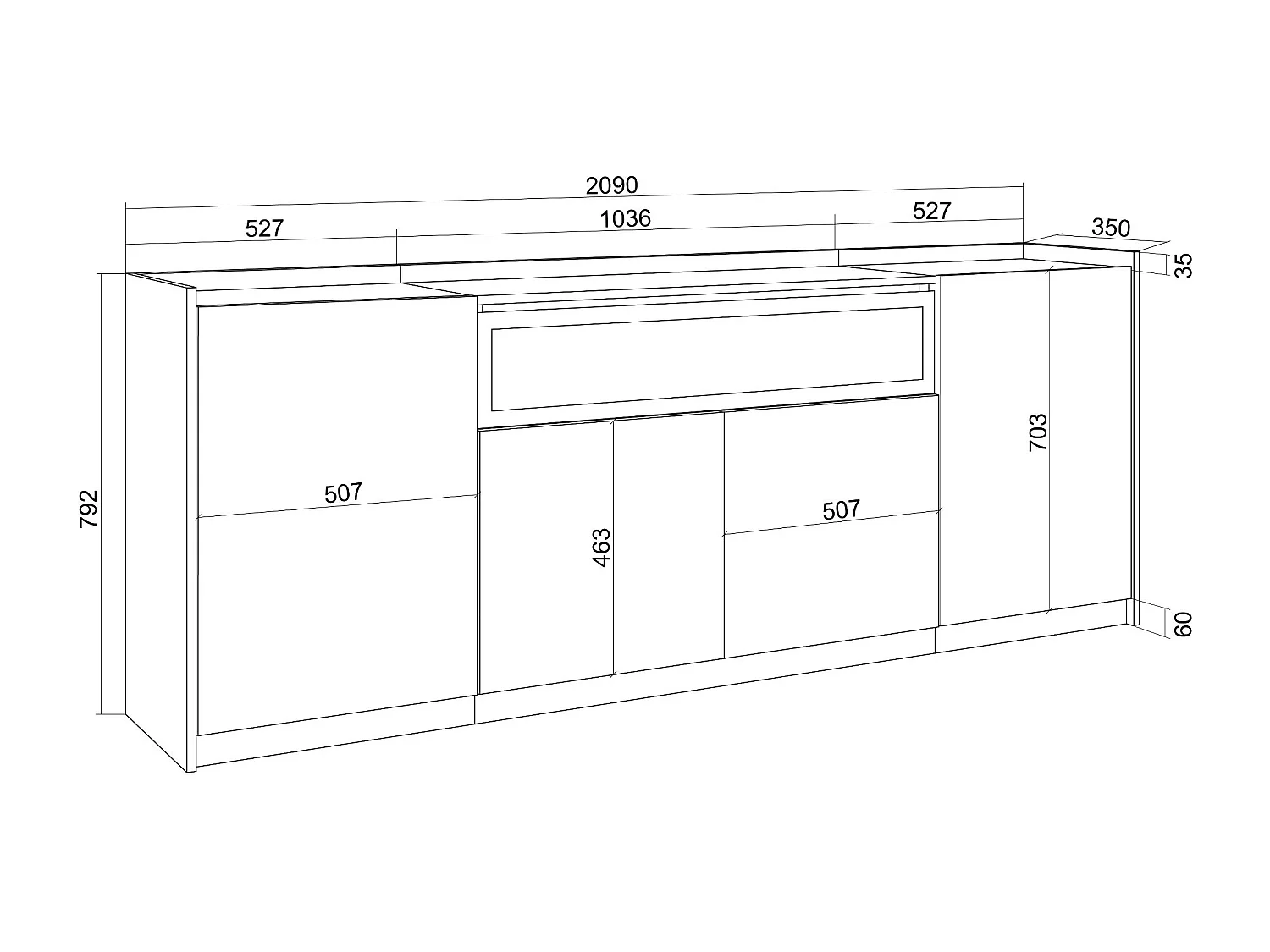 Credenza, Mobile, Cucina, 207x80x37 cm, 4 Porte, Camino elettrico, LED, Rovere scuro e Nero