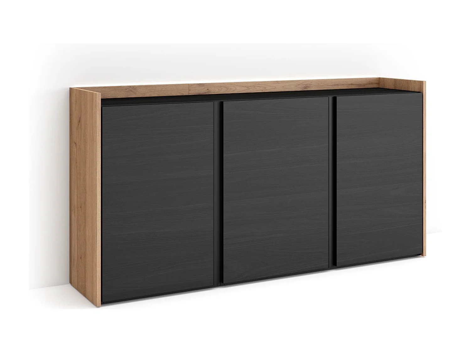 Credenza, Mobile, Cucina, 156x80x35 cm, 3 Porte, LED, Nero e rovere