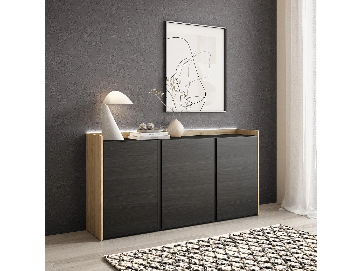 Credenza, Mobile, Cucina, 156x80x35 cm, 3 Porte, LED, Nero e rovere