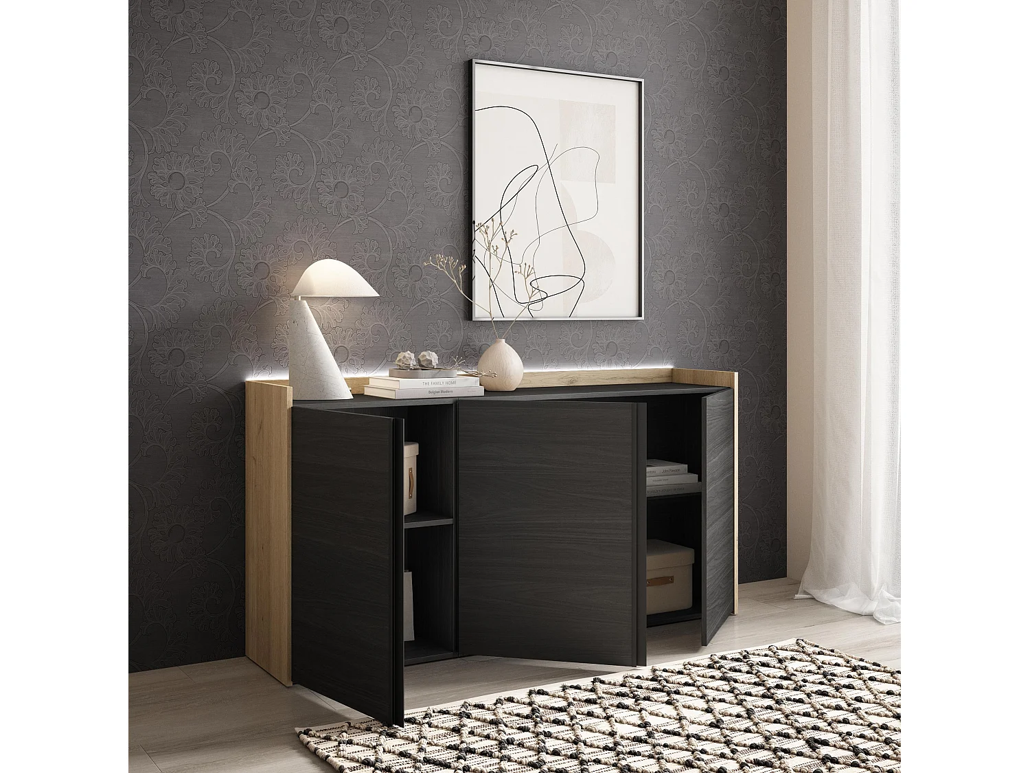 Credenza, Mobile, Cucina, 156x80x35 cm, 3 Porte, LED, Nero e rovere