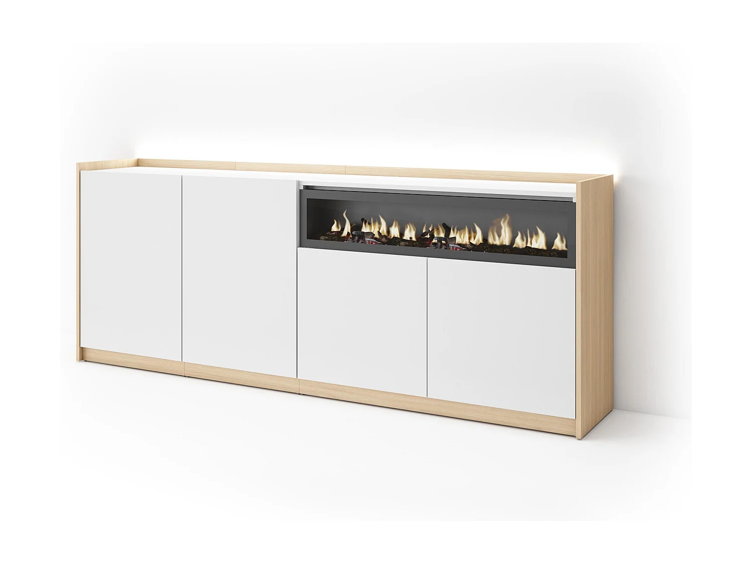 Credenza, Mobile, Cucina, 207x80x37 cm, 4 Porte, Camino elettrico, LED, Bianco e Rovere soft