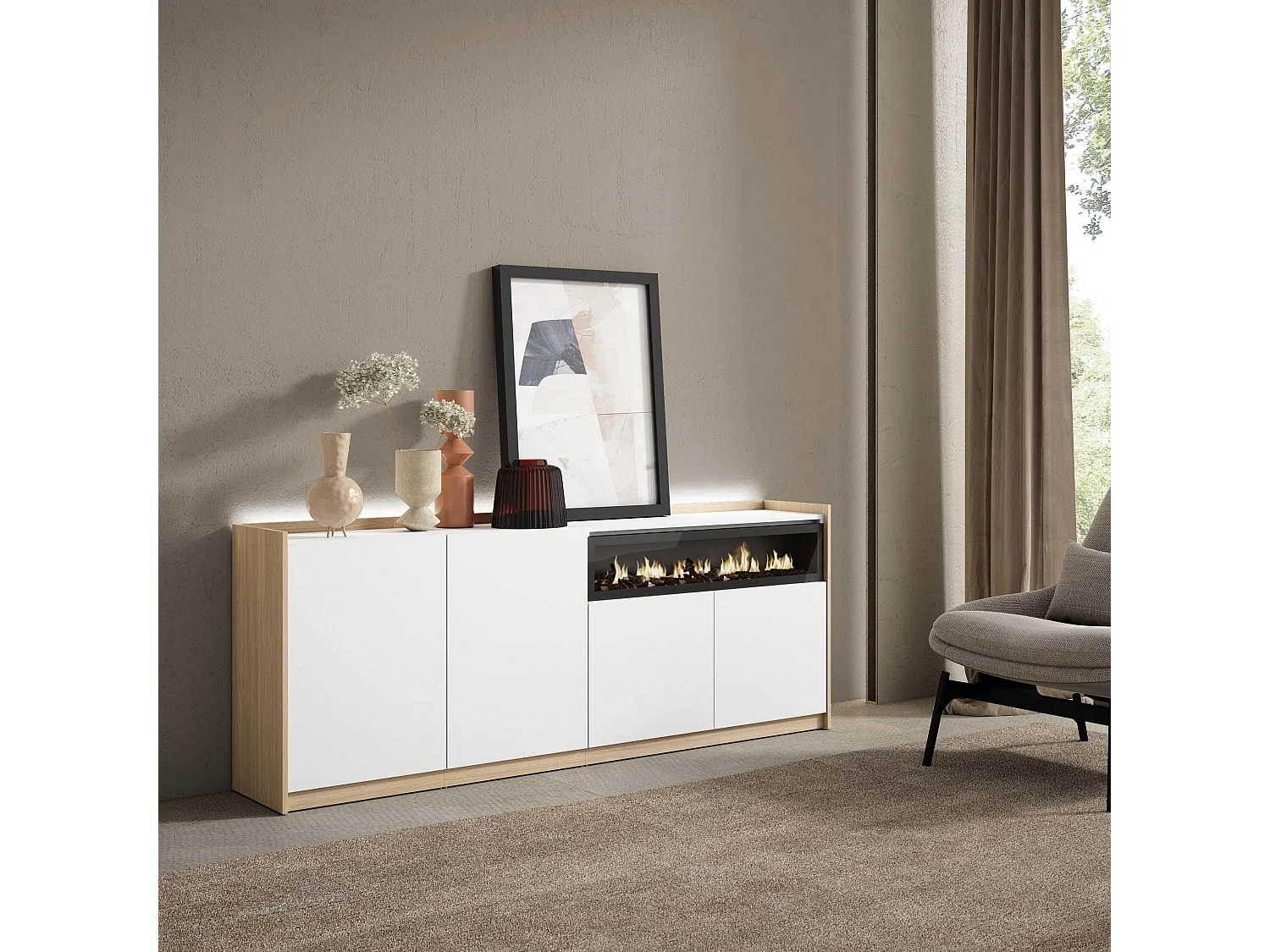 Credenza, Mobile, Cucina, 207x80x37 cm, 4 Porte, Camino elettrico, LED, Bianco e Rovere soft