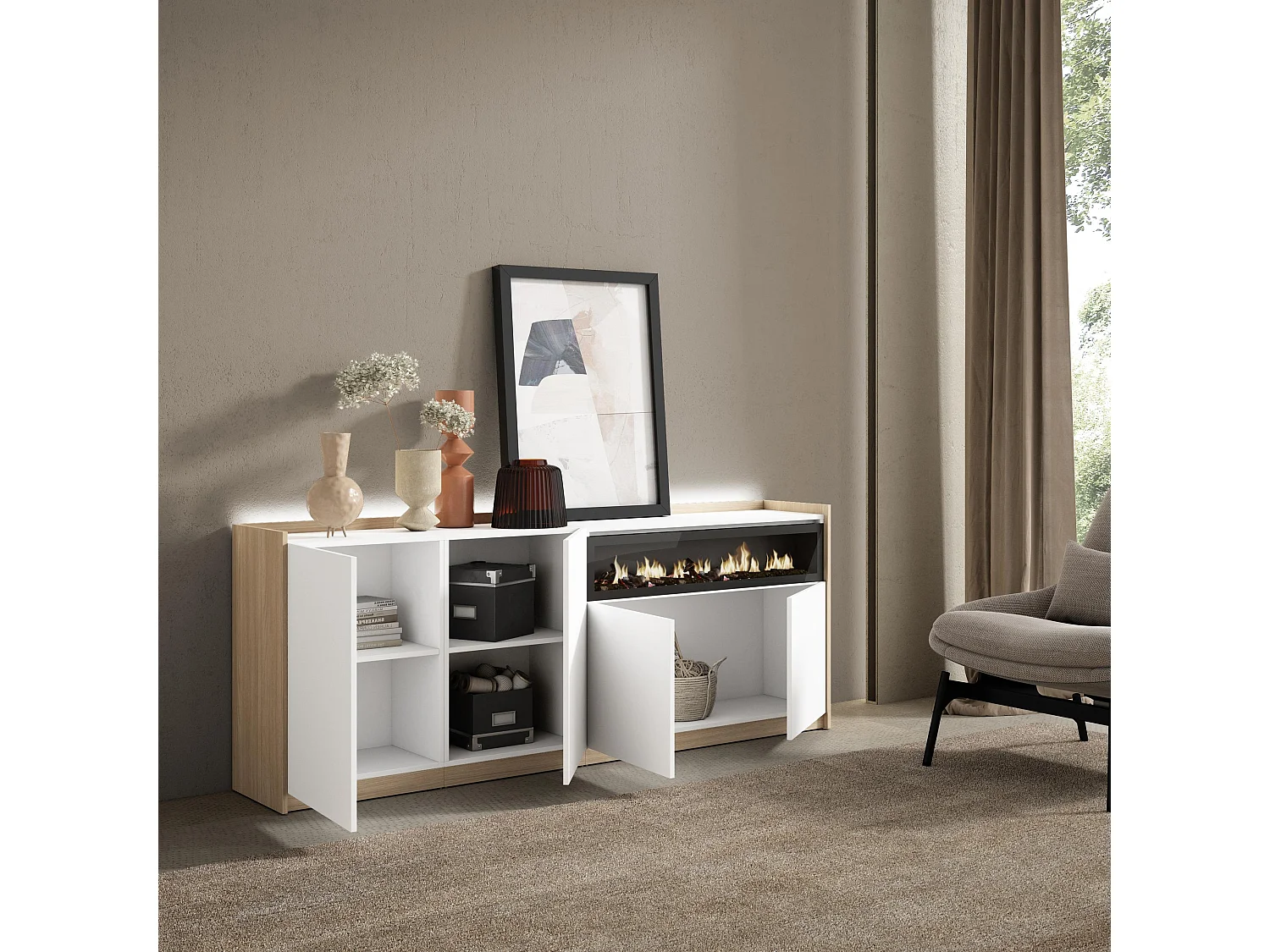 Credenza, Mobile, Cucina, 207x80x37 cm, 4 Porte, Camino elettrico, LED, Bianco e Rovere soft