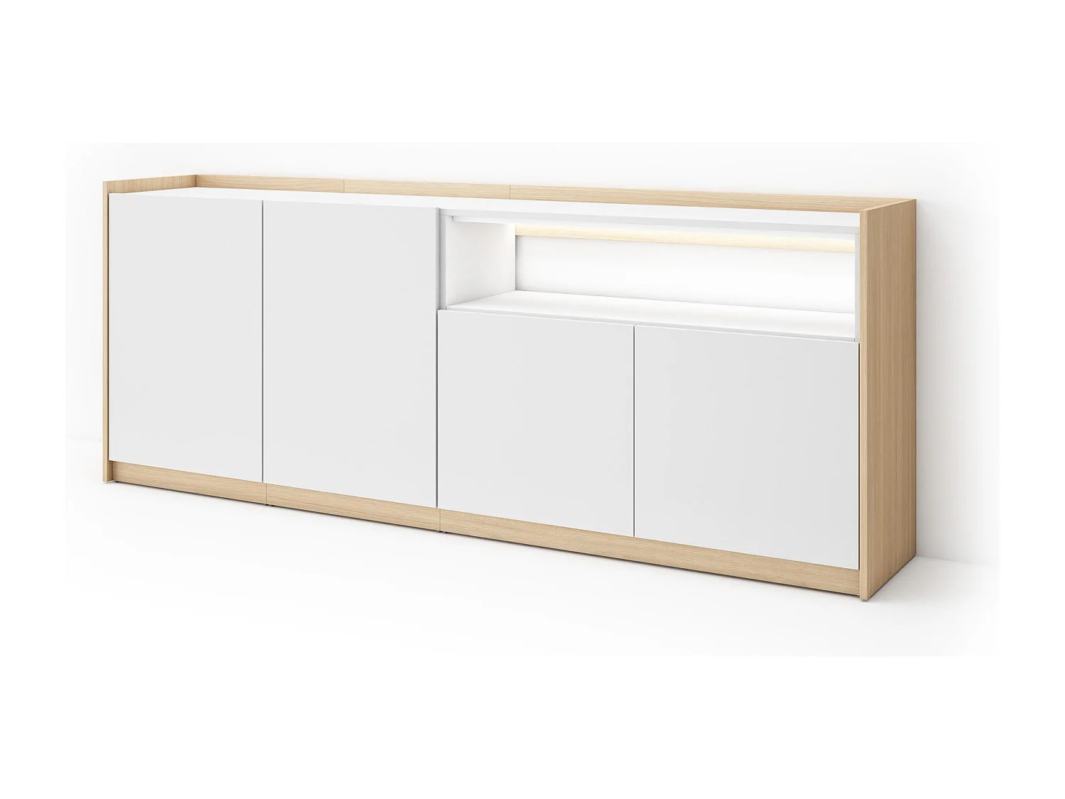 Credenza, Mobile, Cucina, 207x80x37 cm, 4 Porte, LED, Bianco e Rovere soft