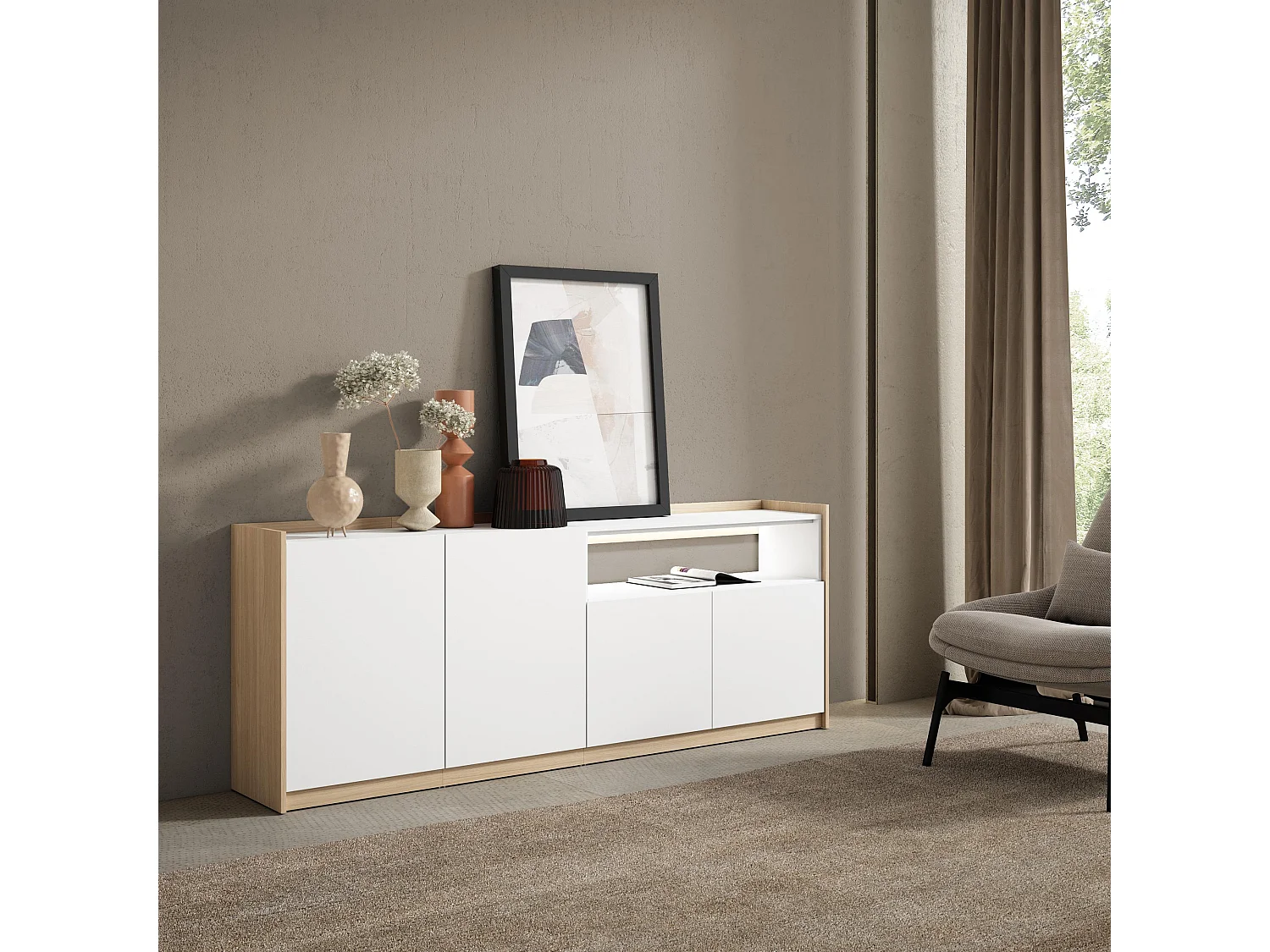 Credenza, Mobile, Cucina, 207x80x37 cm, 4 Porte, LED, Bianco e Rovere soft