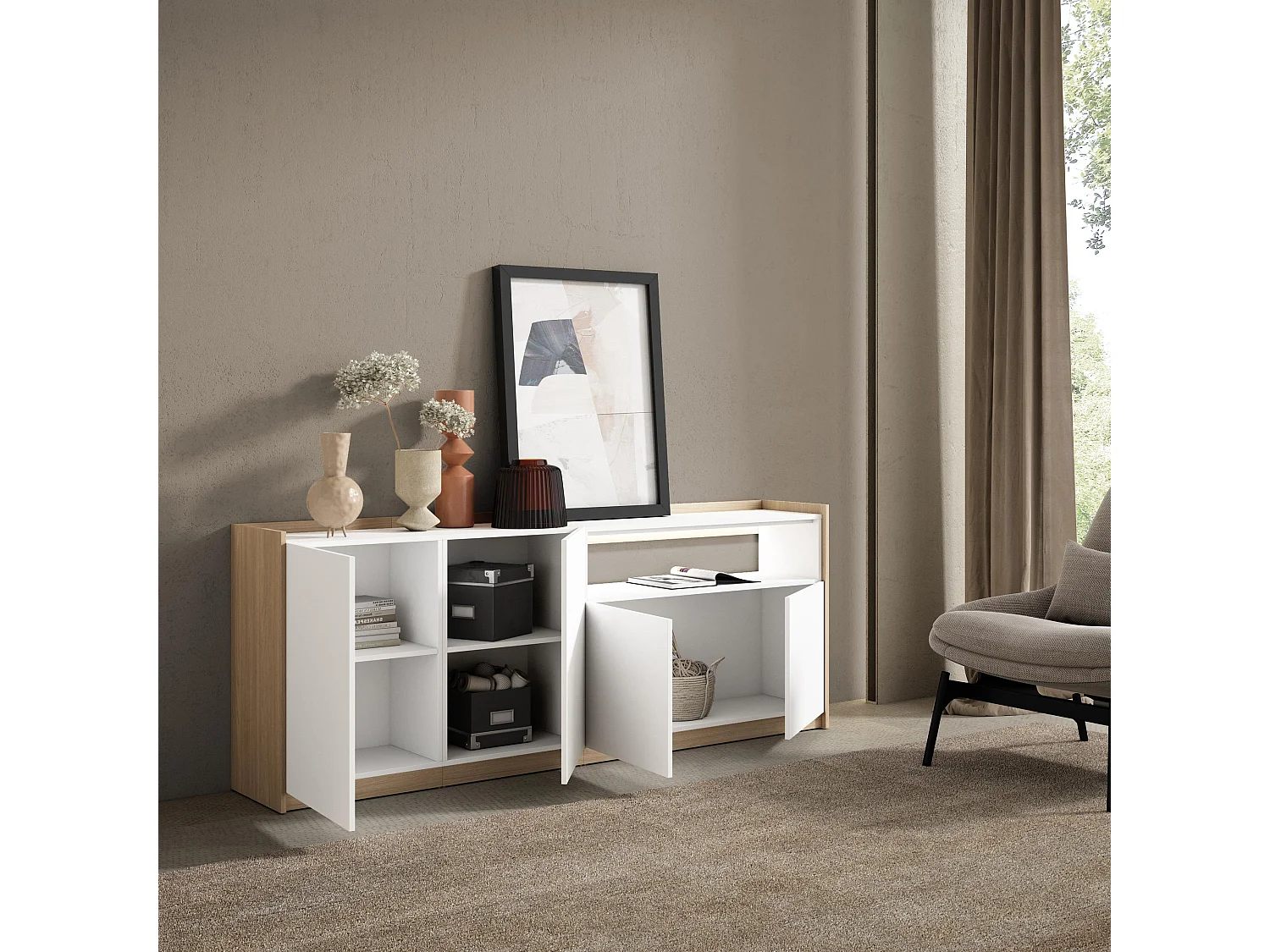 Credenza, Mobile, Cucina, 207x80x37 cm, 4 Porte, LED, Bianco e Rovere soft