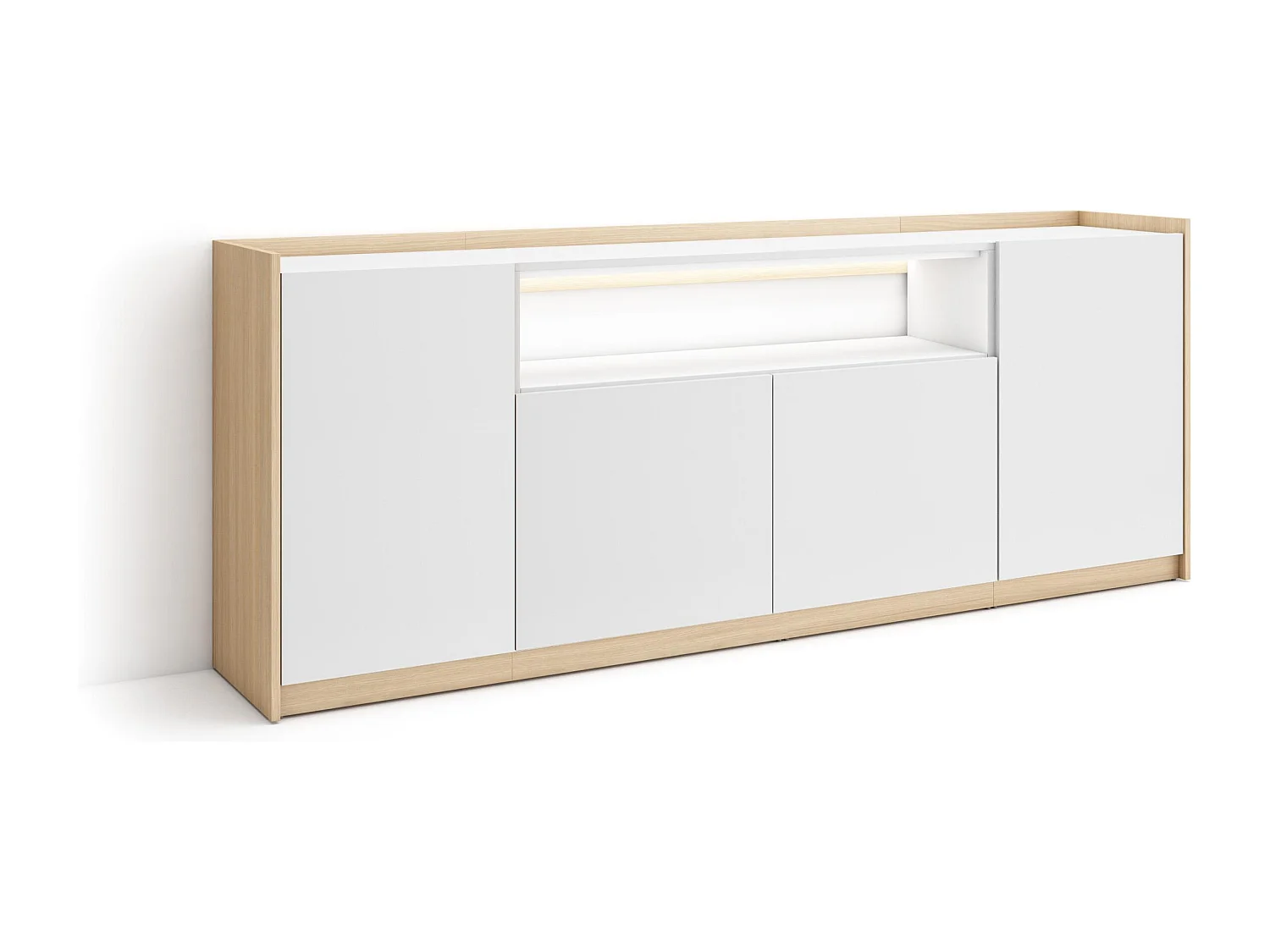 Credenza, Mobile, Cucina, 207x80x37 cm, 4 Porte, LED, Bianco e Rovere soft