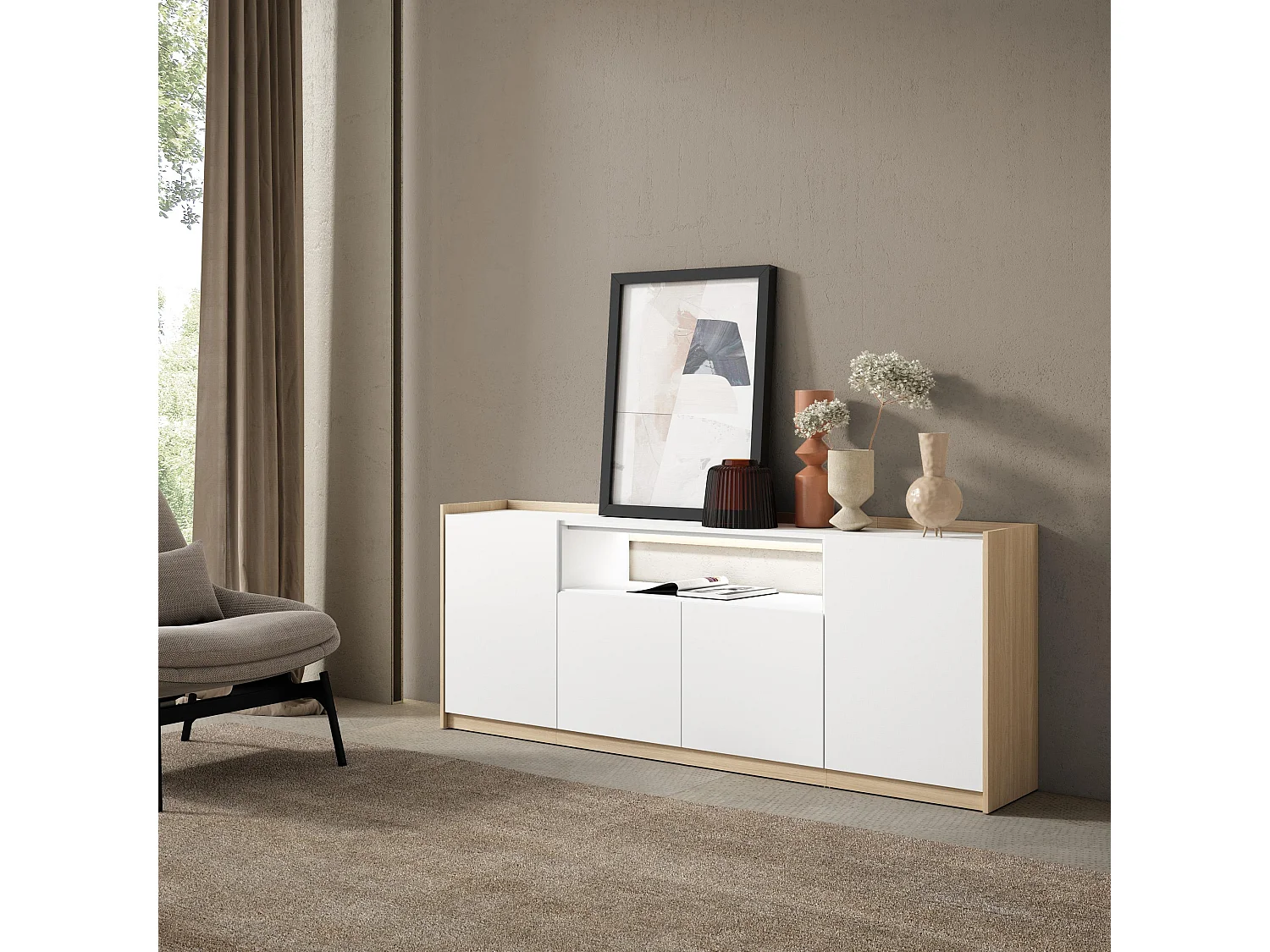 Credenza, Mobile, Cucina, 207x80x37 cm, 4 Porte, LED, Bianco e Rovere soft