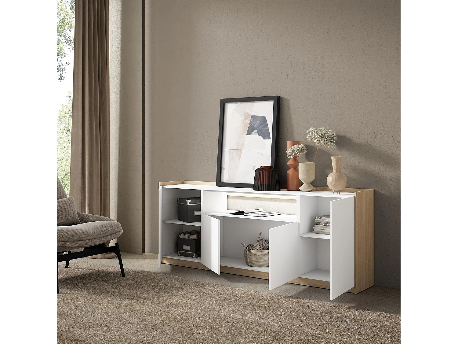 Credenza, Mobile, Cucina, 207x80x37 cm, 4 Porte, LED, Bianco e Rovere soft