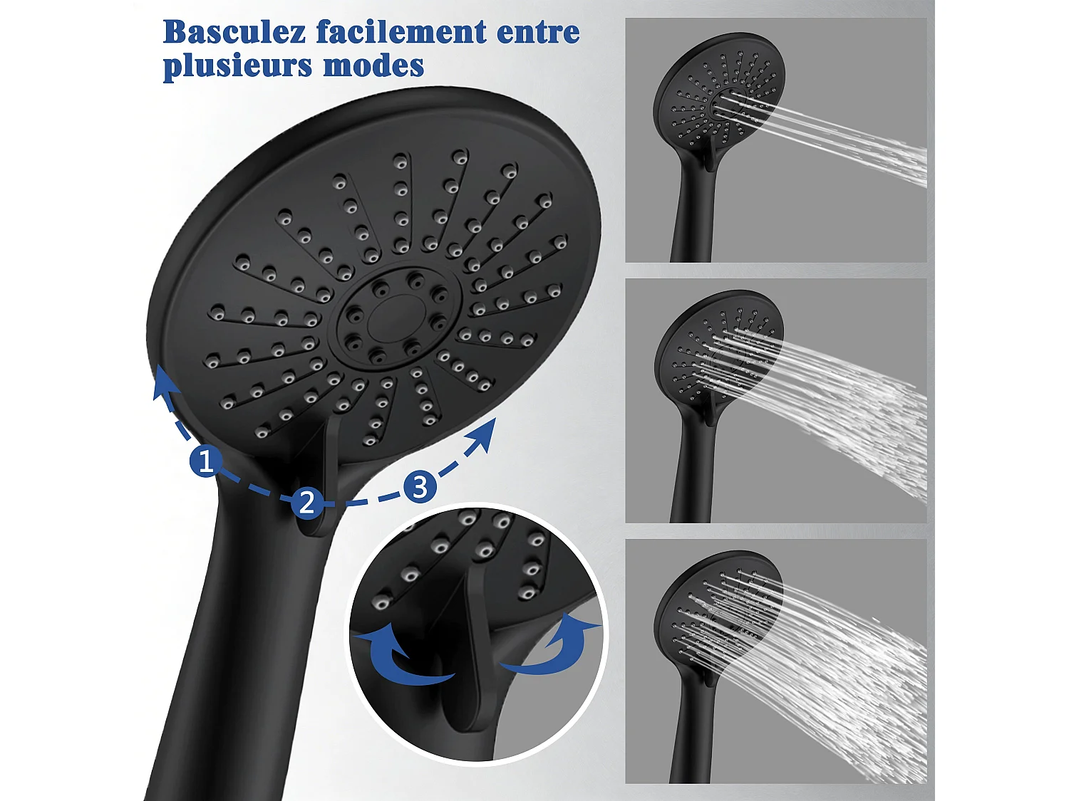 AICA Pommeau de douche 3 jets avec tuyau de douche 1.5m pour salle de bain, noir