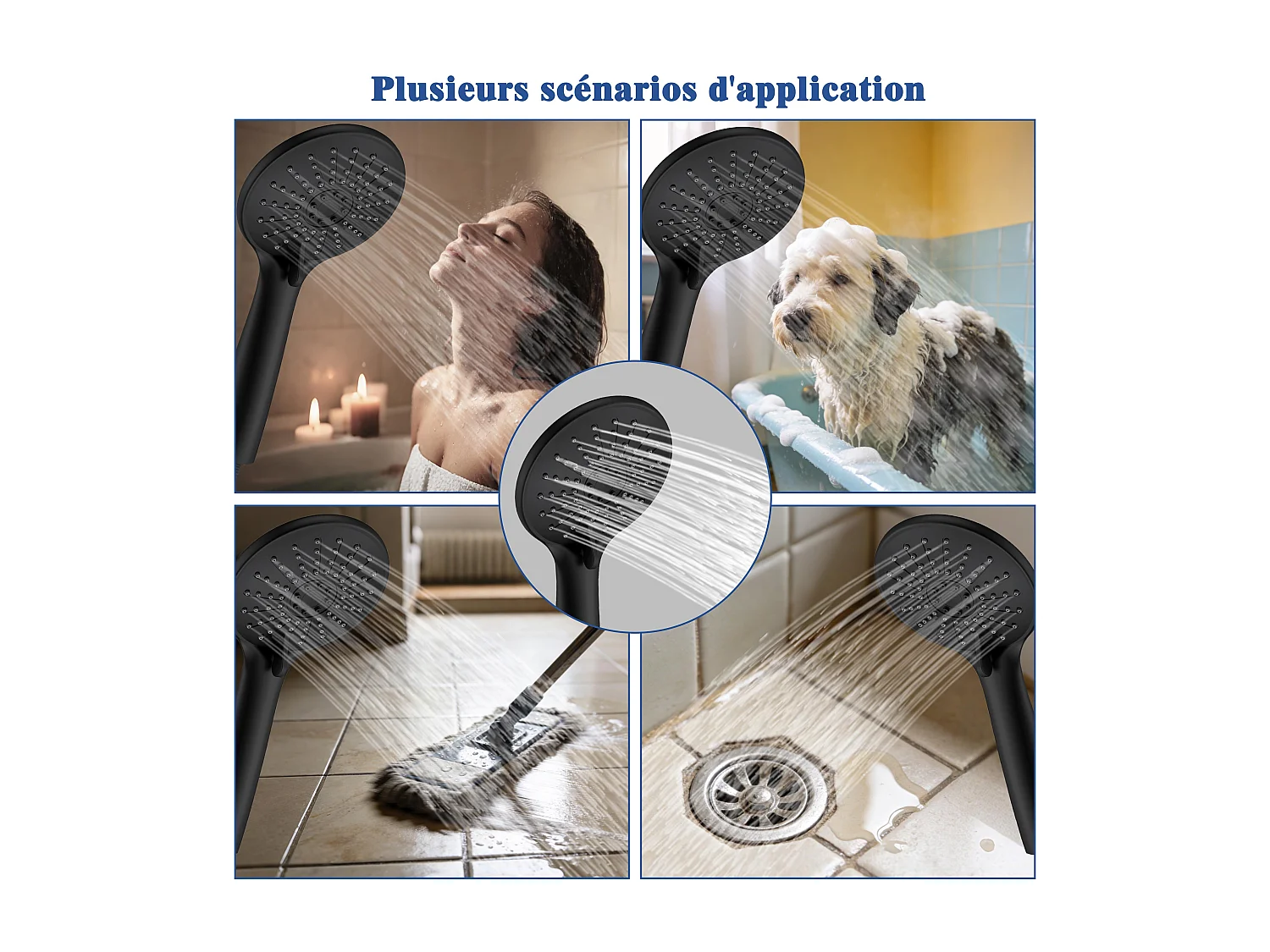 AICA Pommeau de douche 3 jets avec tuyau de douche 1.5m pour salle de bain, noir