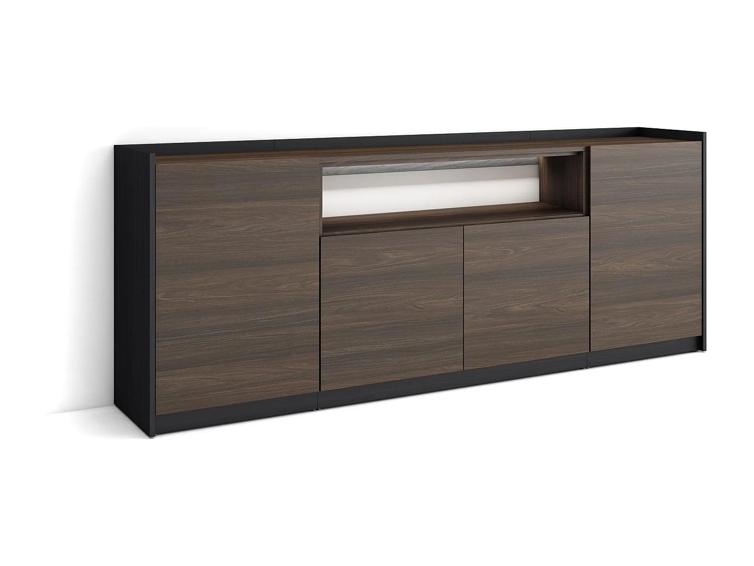 Credenza, Mobile, Cucina, 207x80x37 cm, 4 Porte, LED, Rovere scuro e Nero
