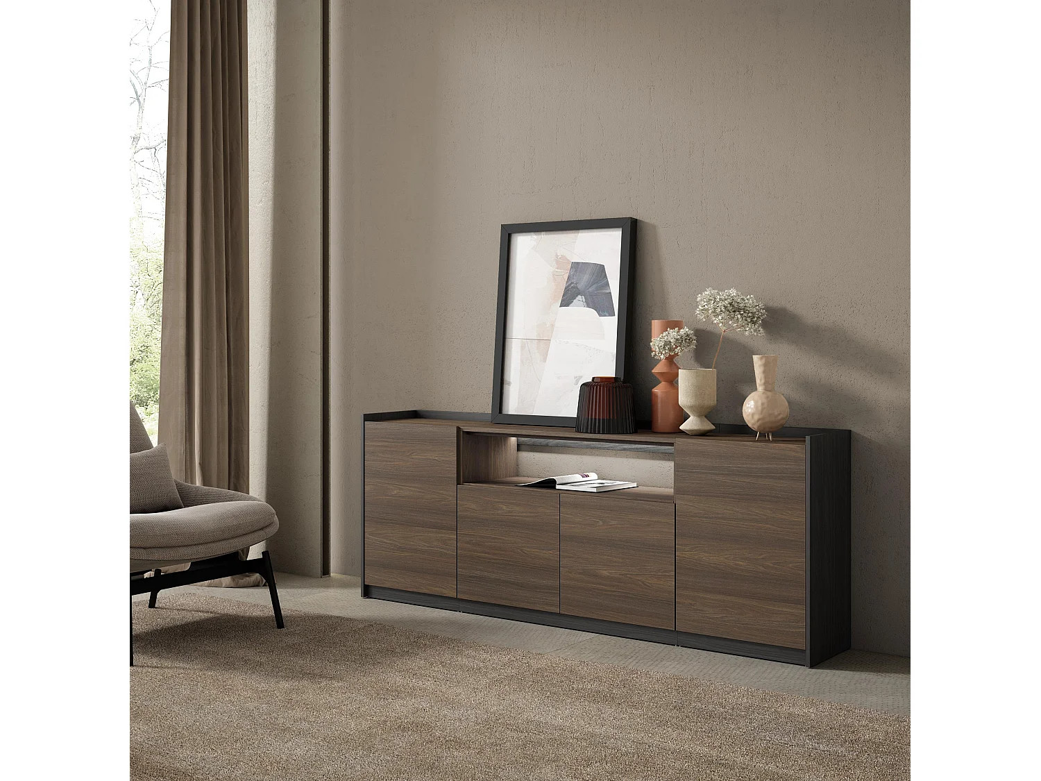 Credenza, Mobile, Cucina, 207x80x37 cm, 4 Porte, LED, Rovere scuro e Nero