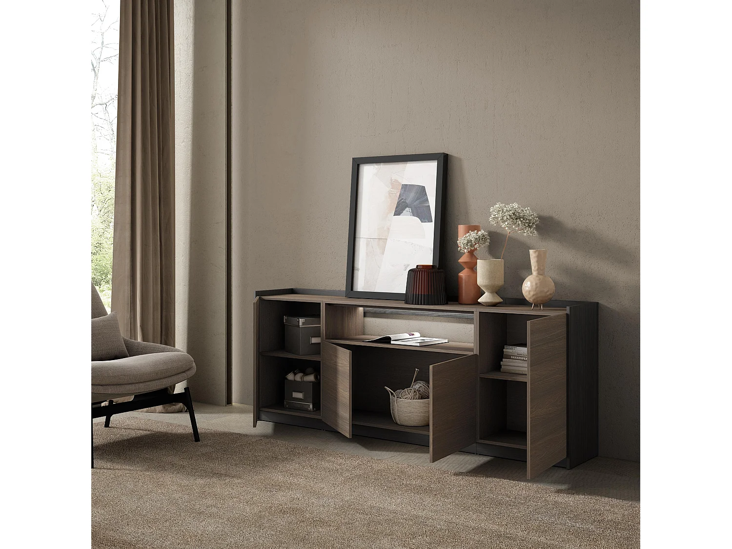 Credenza, Mobile, Cucina, 207x80x37 cm, 4 Porte, LED, Rovere scuro e Nero