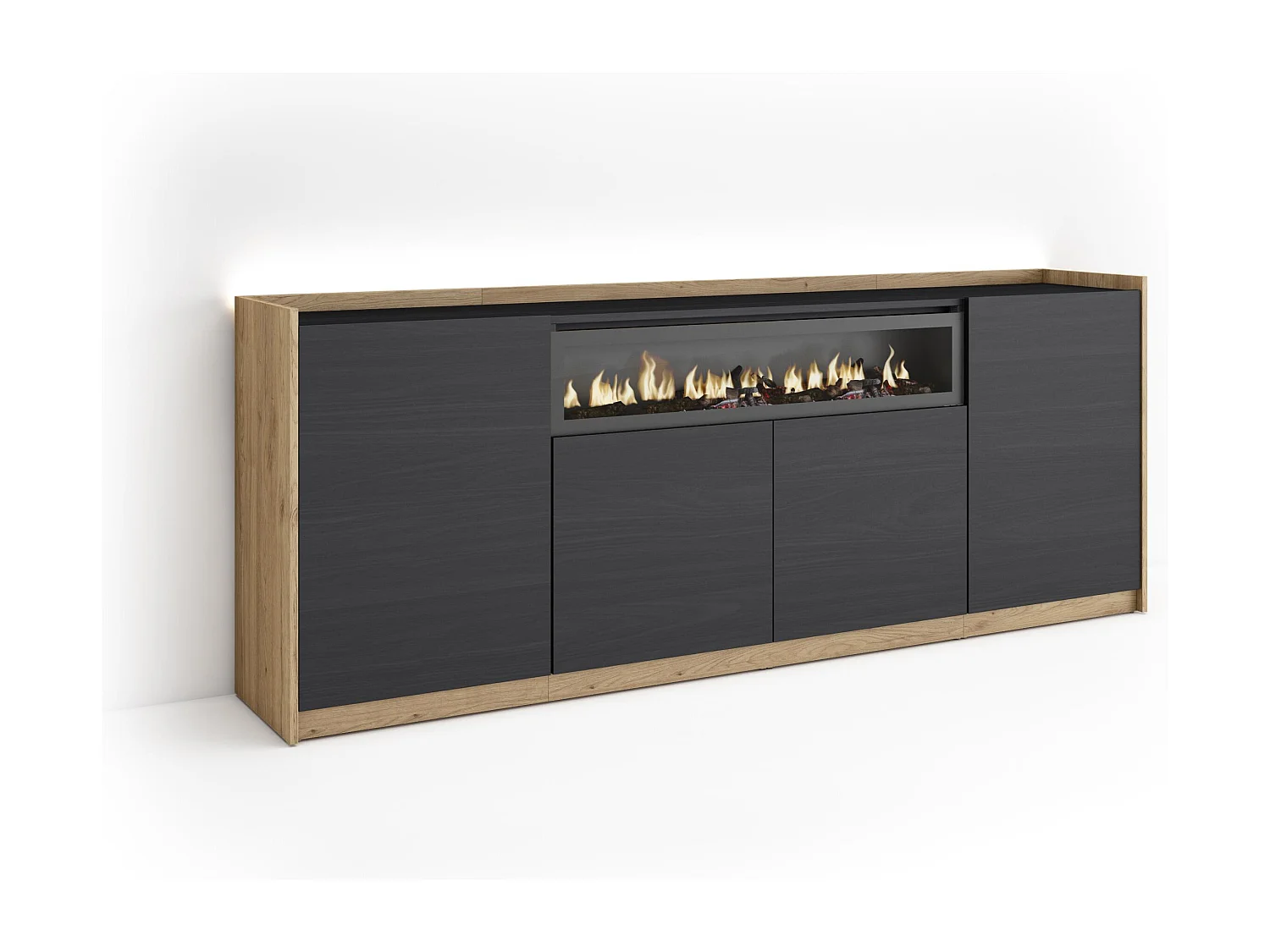 Credenza, Mobile, Cucina, 207x80x37 cm, 4 Porte, Camino elettrico, LED, Nero e rovere