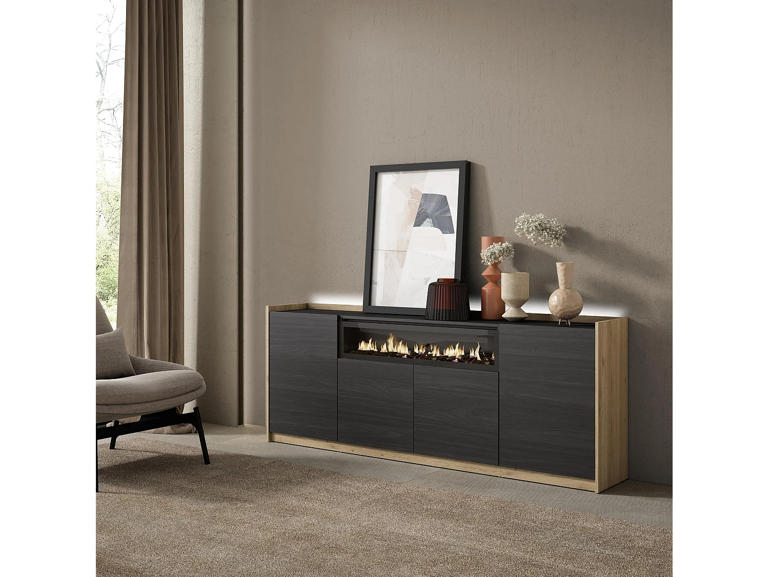 Credenza, Mobile, Cucina, 207x80x37 cm, 4 Porte, Camino elettrico, LED, Nero e rovere
