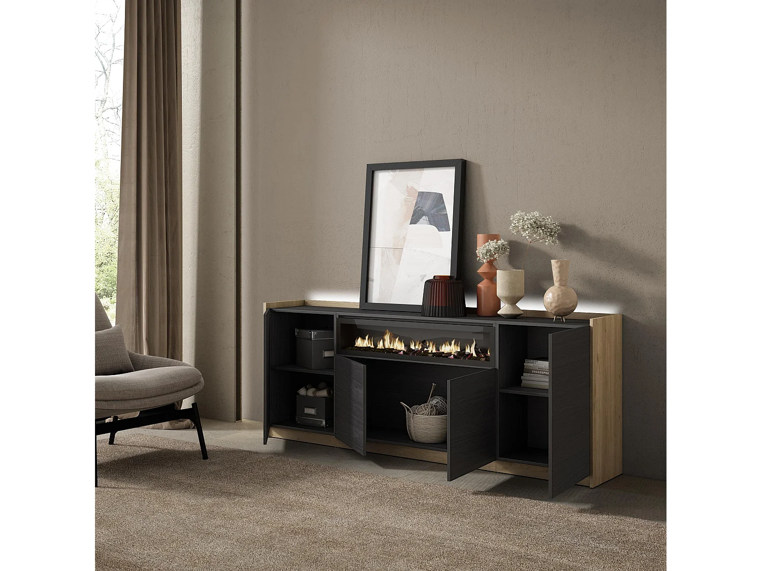 Credenza, Mobile, Cucina, 207x80x37 cm, 4 Porte, Camino elettrico, LED, Nero e rovere