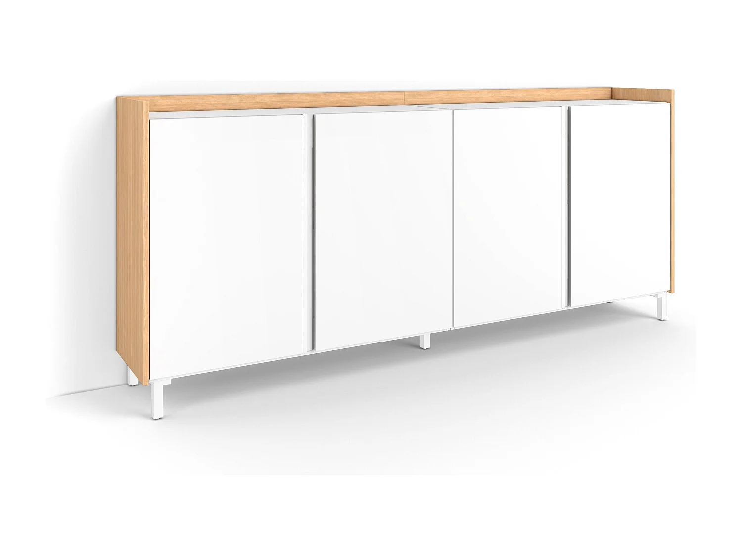 Dressoir, Opbergkast, 207x91x35 cm, 4 Deuren, Industrieel design, Wit en Eiken soft