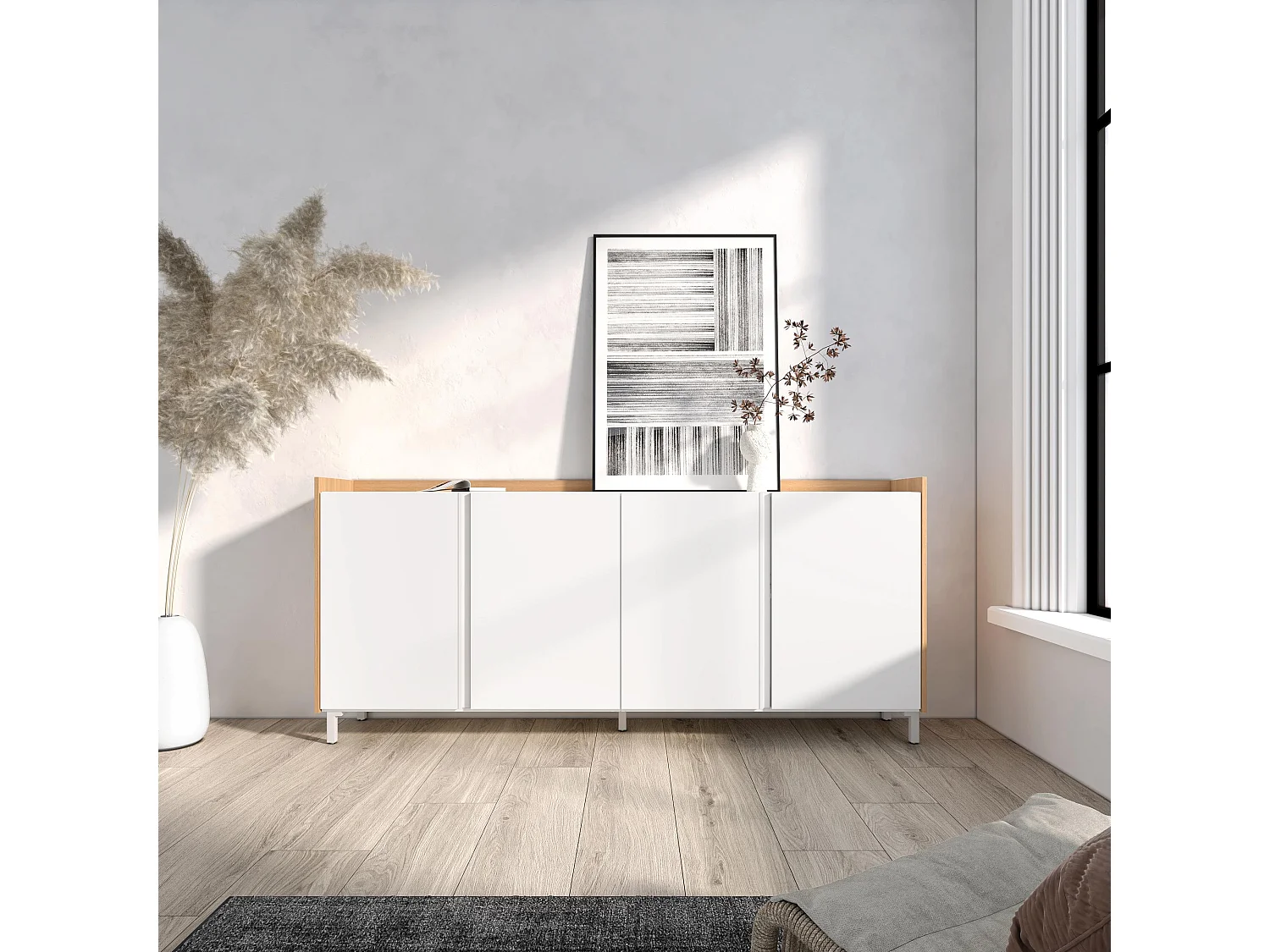 Dressoir, Opbergkast, 207x91x35 cm, 4 Deuren, Industrieel design, Wit en Eiken soft