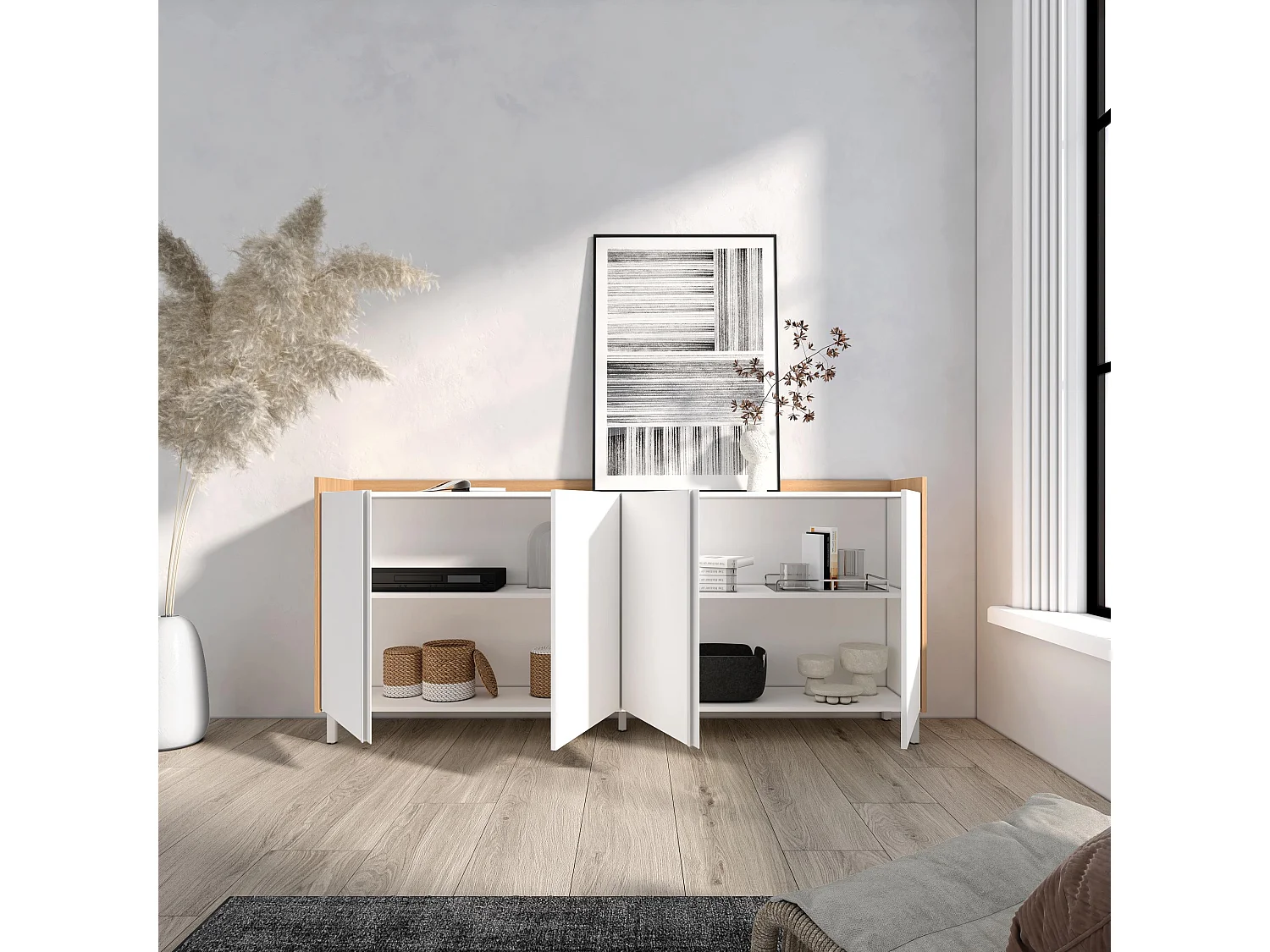 Dressoir, Opbergkast, 207x91x35 cm, 4 Deuren, Industrieel design, Wit en Eiken soft