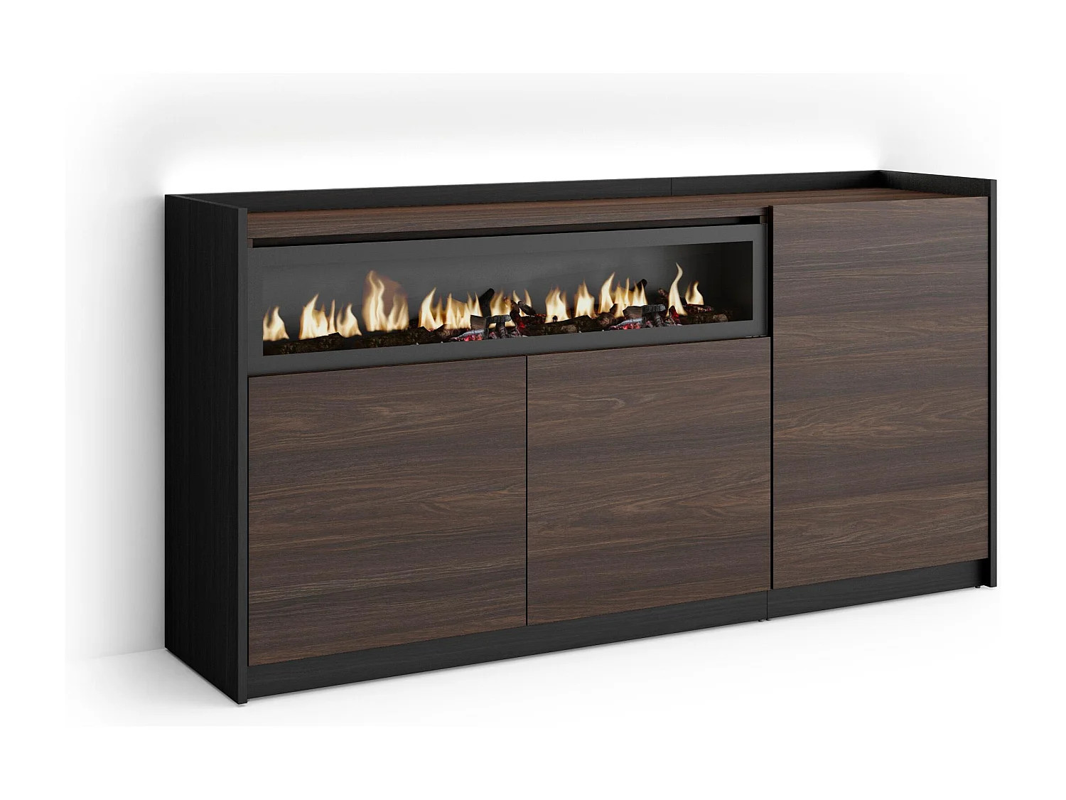 Credenza, Mobile, Cucina, 156x80x37 cm, 3 Porte, Camino elettrico, LED, Rovere scuro e Nero