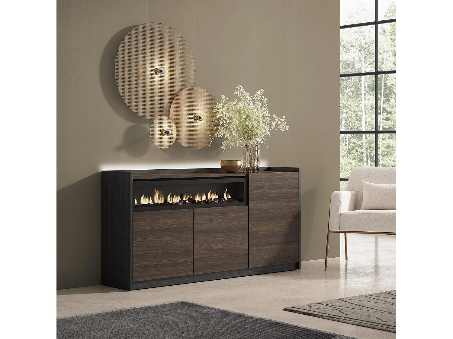 Credenza, Mobile, Cucina, 156x80x37 cm, 3 Porte, Camino elettrico, LED, Rovere scuro e Nero