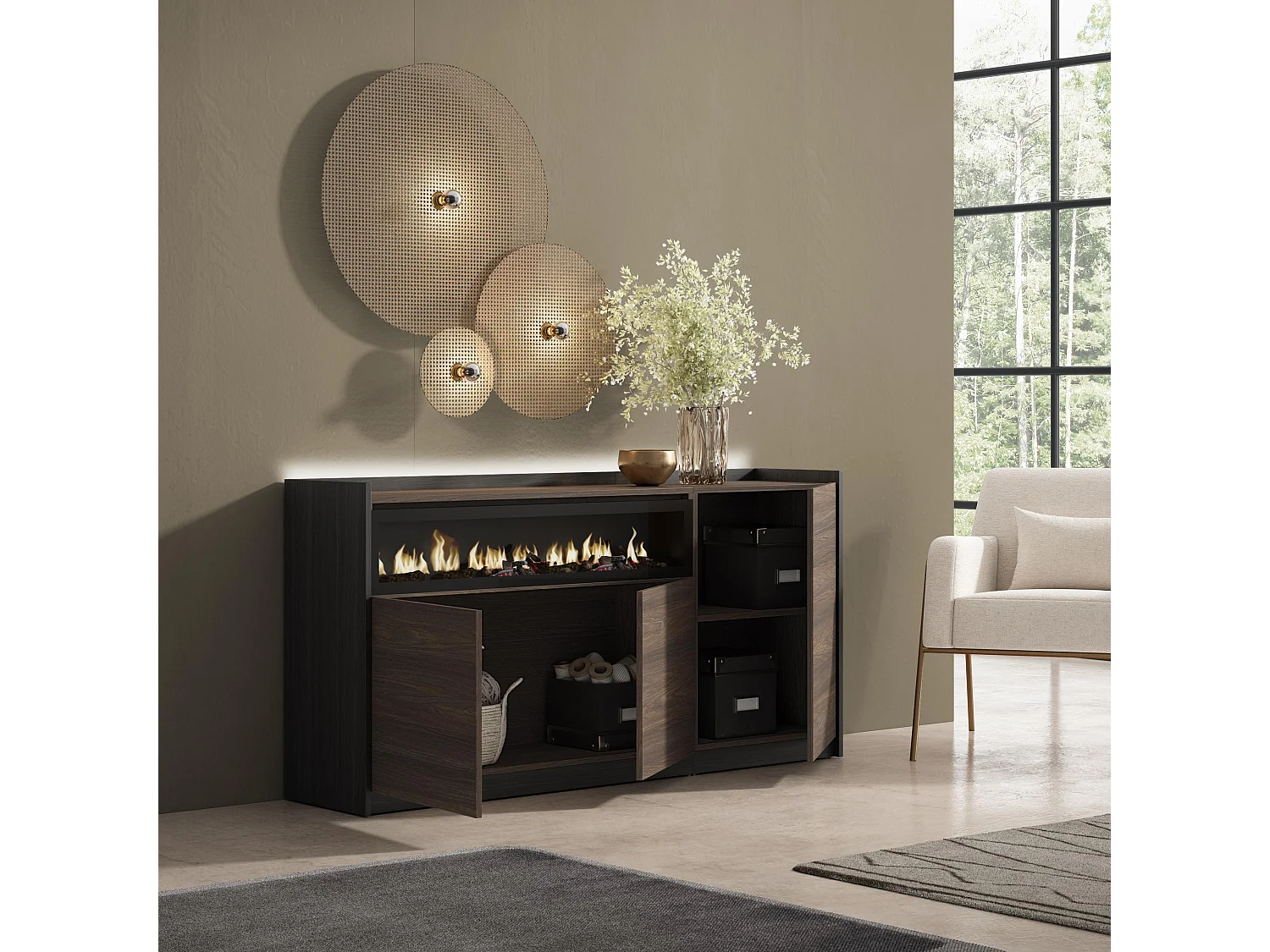Credenza, Mobile, Cucina, 156x80x37 cm, 3 Porte, Camino elettrico, LED, Rovere scuro e Nero