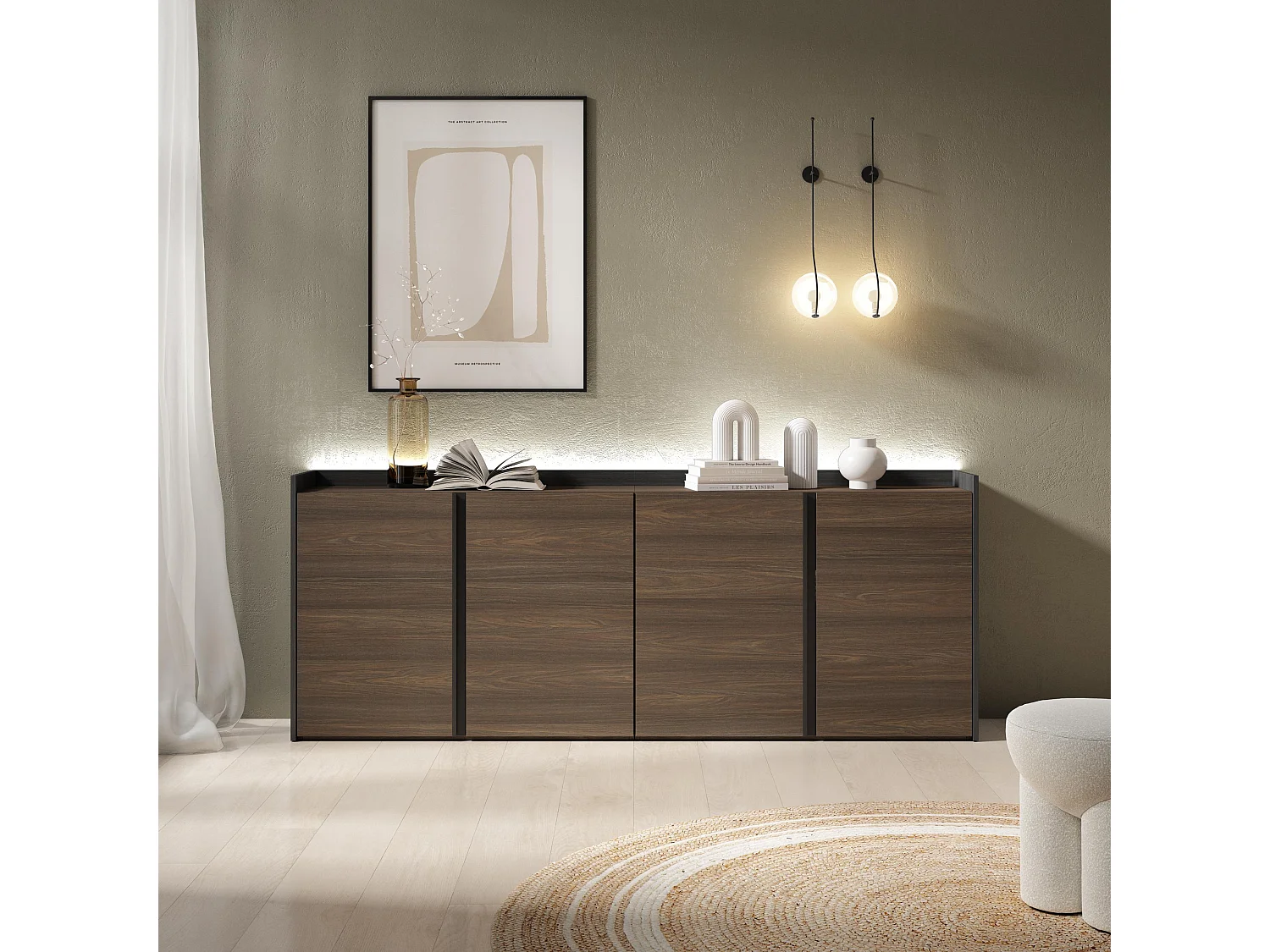 Credenza, Mobile, Cucina, 207x80x35 cm, 4 Porte, LED, Rovere scuro e Nero