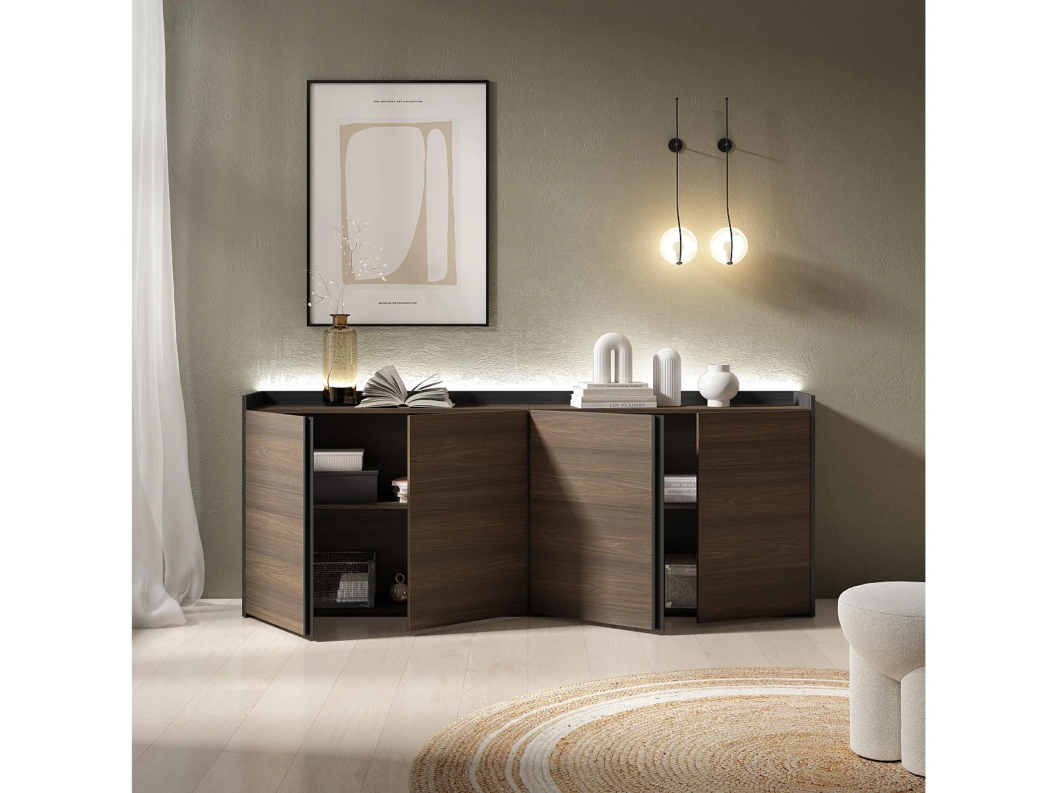 Credenza, Mobile, Cucina, 207x80x35 cm, 4 Porte, LED, Rovere scuro e Nero