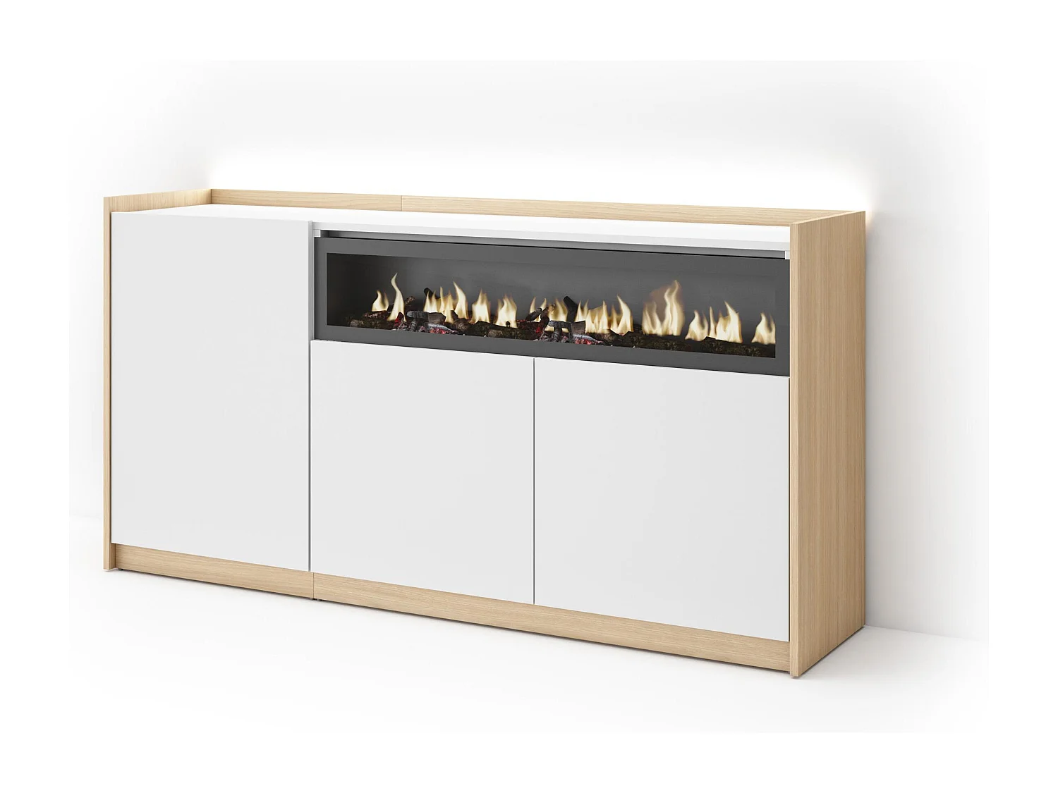 Credenza, Mobile, Cucina, 156x80x37 cm, 3 Porte, Camino elettrico, LED, Bianco e Rovere soft