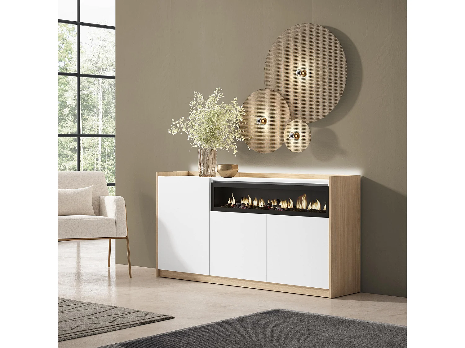 Credenza, Mobile, Cucina, 156x80x37 cm, 3 Porte, Camino elettrico, LED, Bianco e Rovere soft