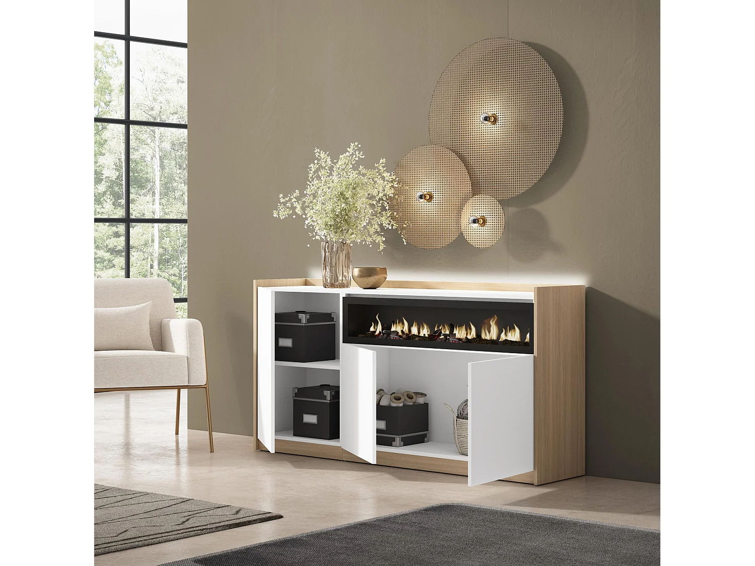Credenza, Mobile, Cucina, 156x80x37 cm, 3 Porte, Camino elettrico, LED, Bianco e Rovere soft