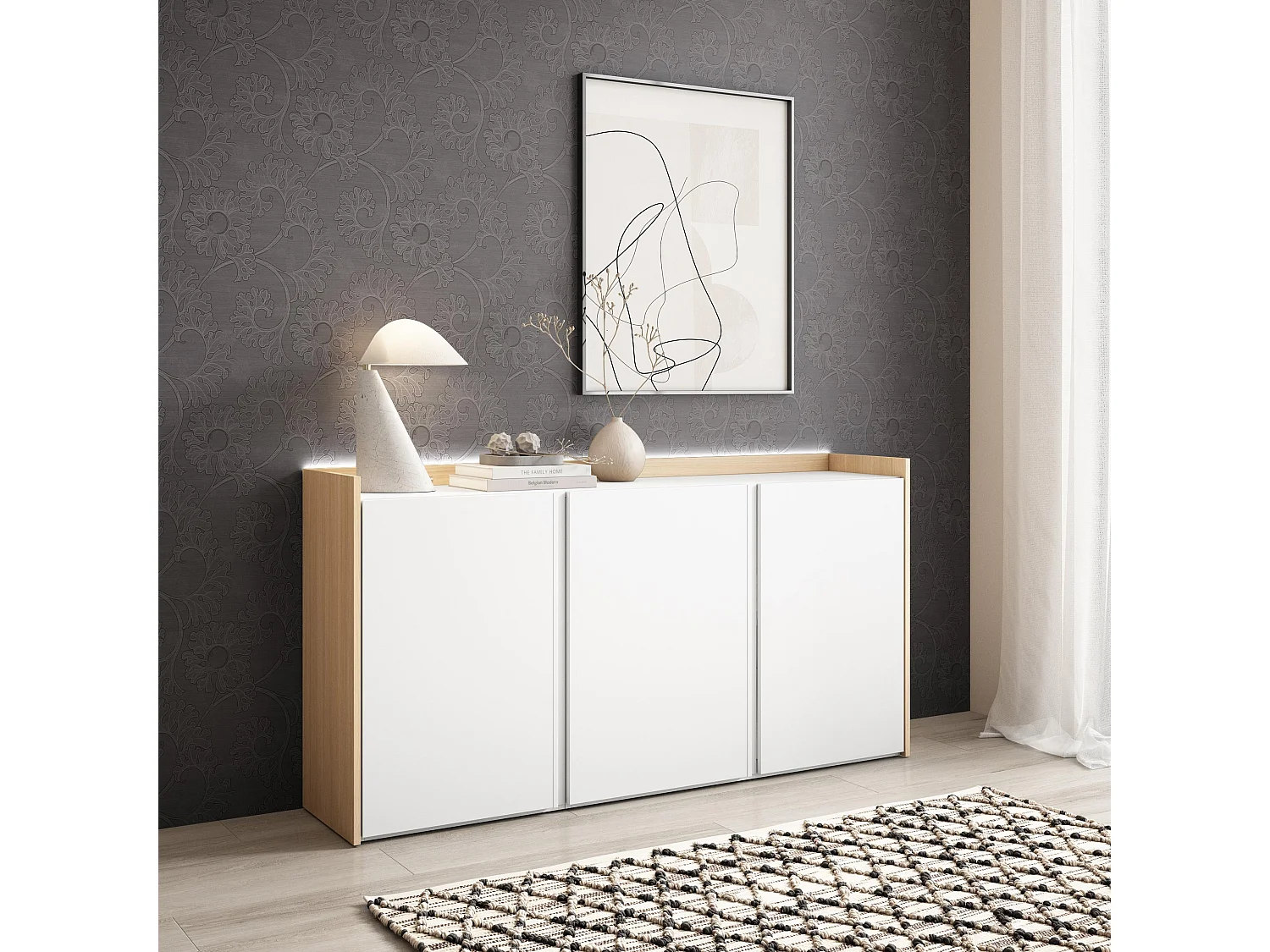 Credenza, Mobile, Cucina, 156x80x35 cm, 3 Porte, LED, Bianco e Rovere soft
