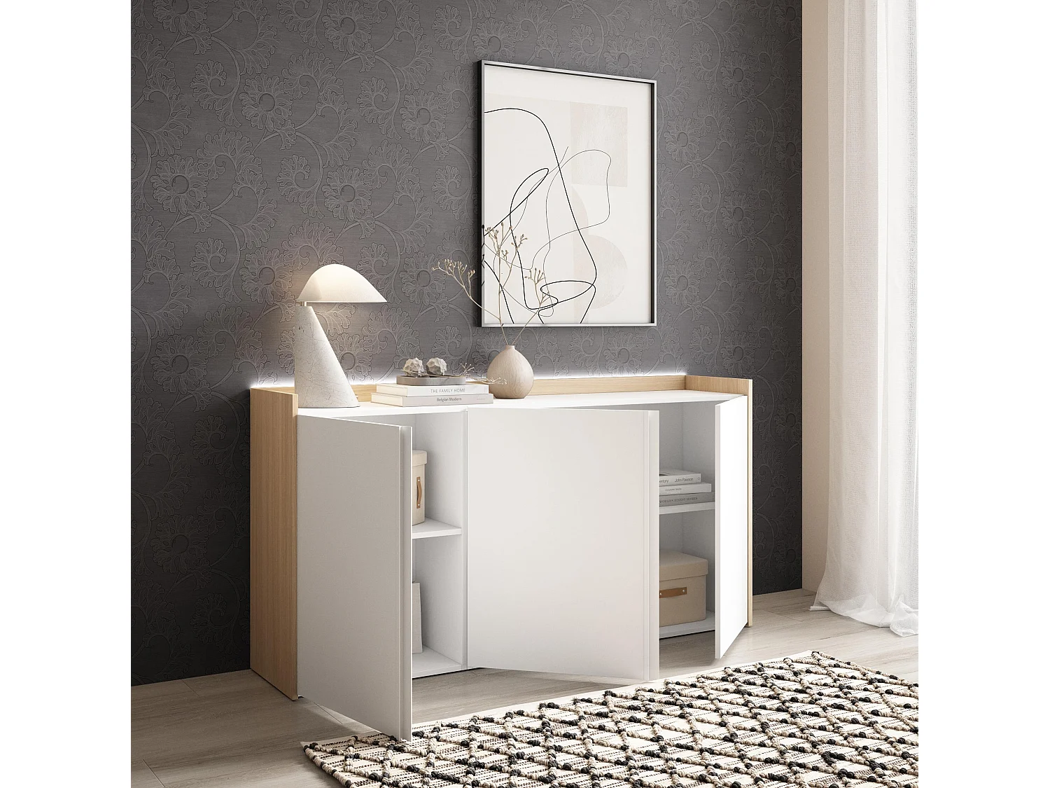 Credenza, Mobile, Cucina, 156x80x35 cm, 3 Porte, LED, Bianco e Rovere soft