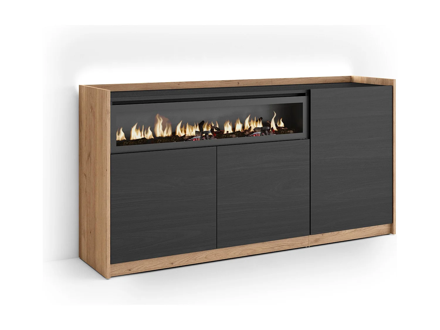 Credenza, Mobile, Cucina, 156x80x37 cm, 3 Porte, Camino elettrico, LED, Nero e rovere
