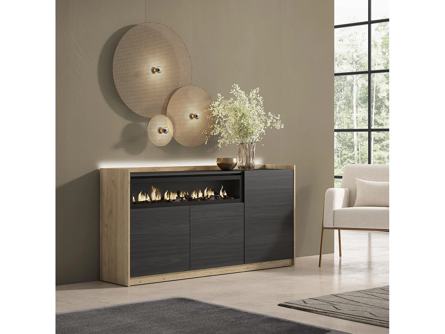 Credenza, Mobile, Cucina, 156x80x37 cm, 3 Porte, Camino elettrico, LED, Nero e rovere