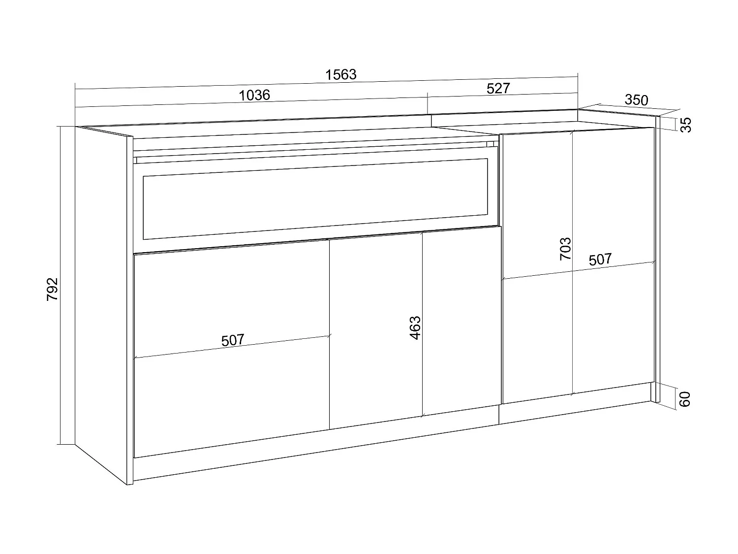 Credenza, Mobile, Cucina, 156x80x37 cm, 3 Porte, Camino elettrico, LED, Nero e rovere